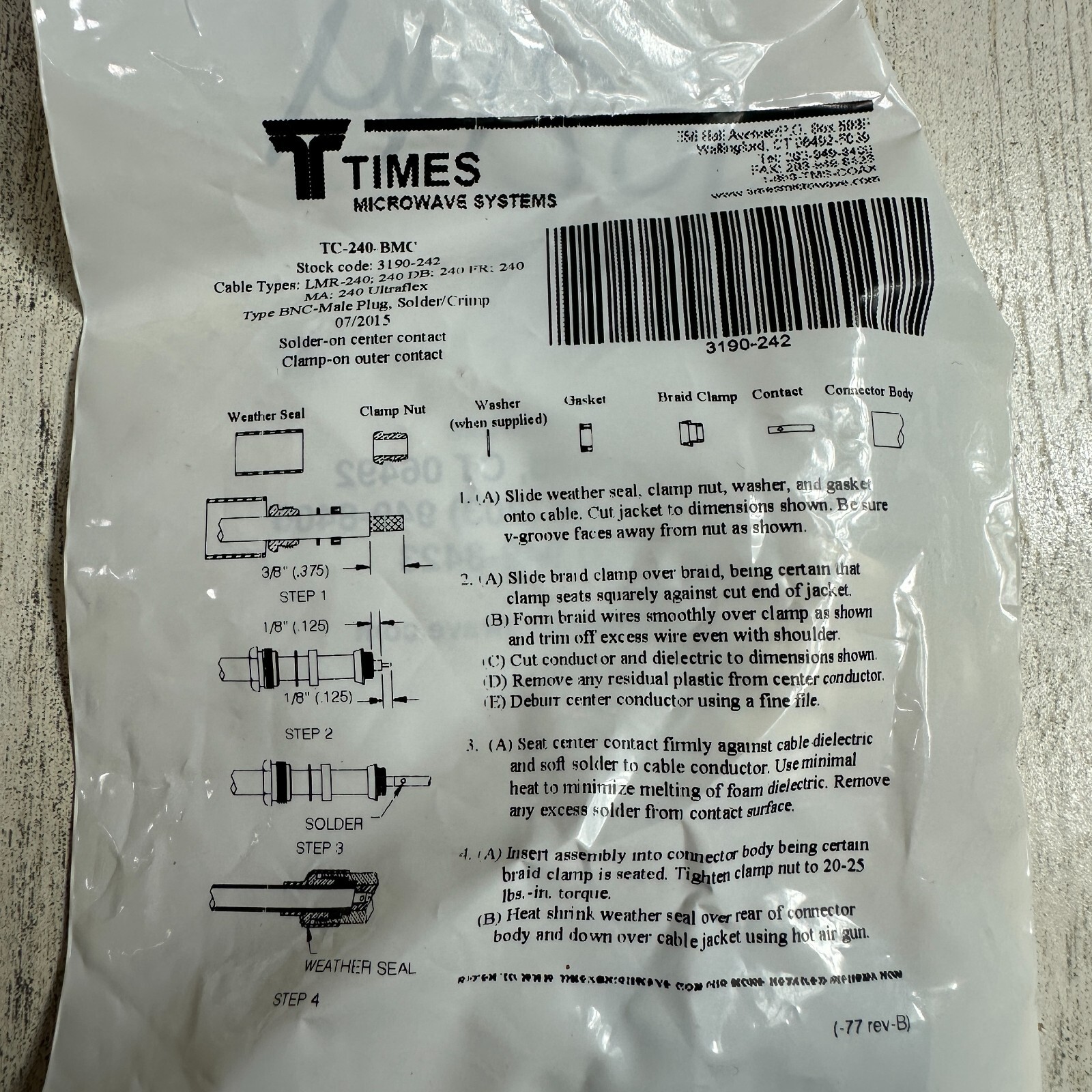 Times Microwave Systems TC-240-BMC BNC/M for 1/4" LMR-240