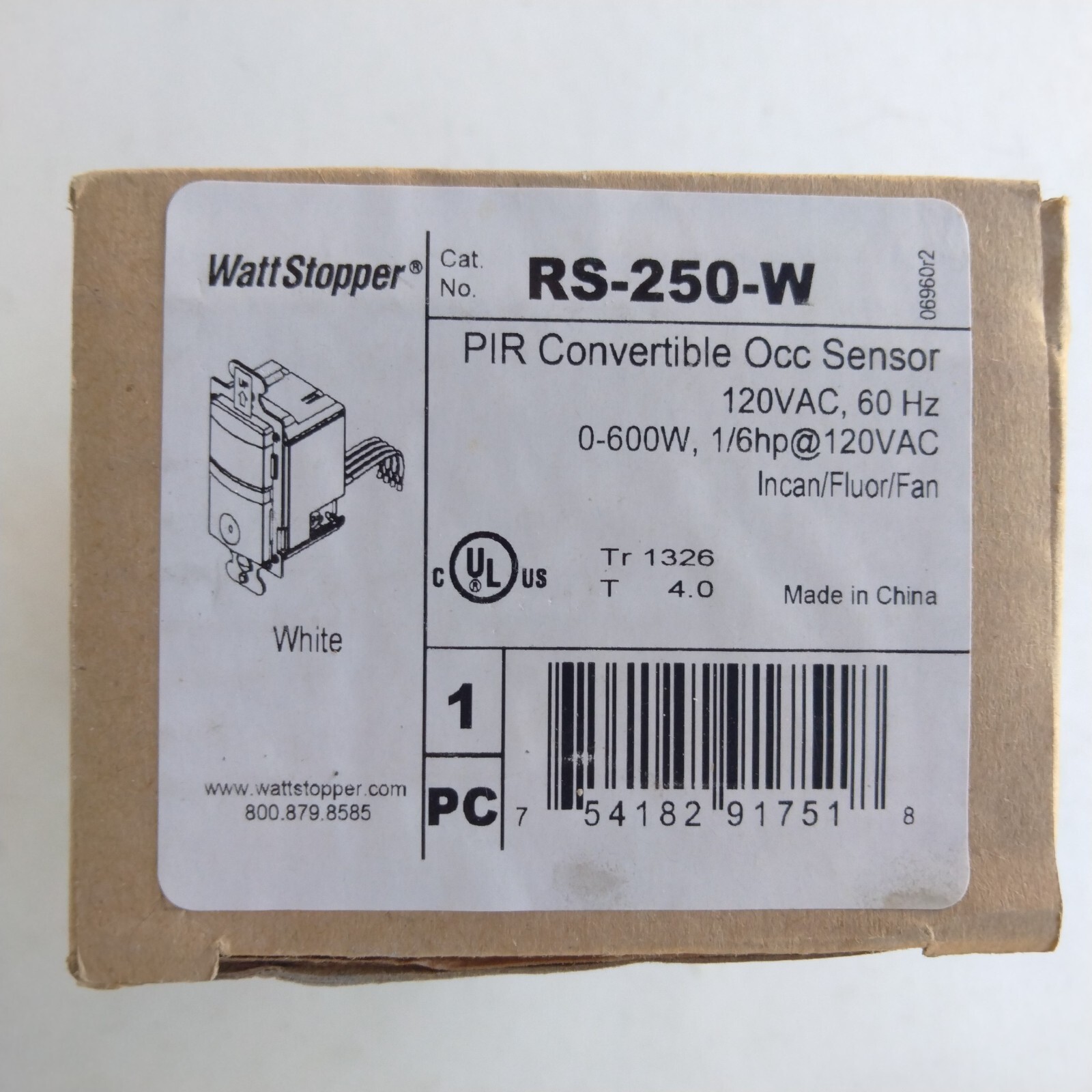 Watt Stopper Rs250-wpir Convertible Occupancy Sensor 0-600 Watts 120 Volts Ac