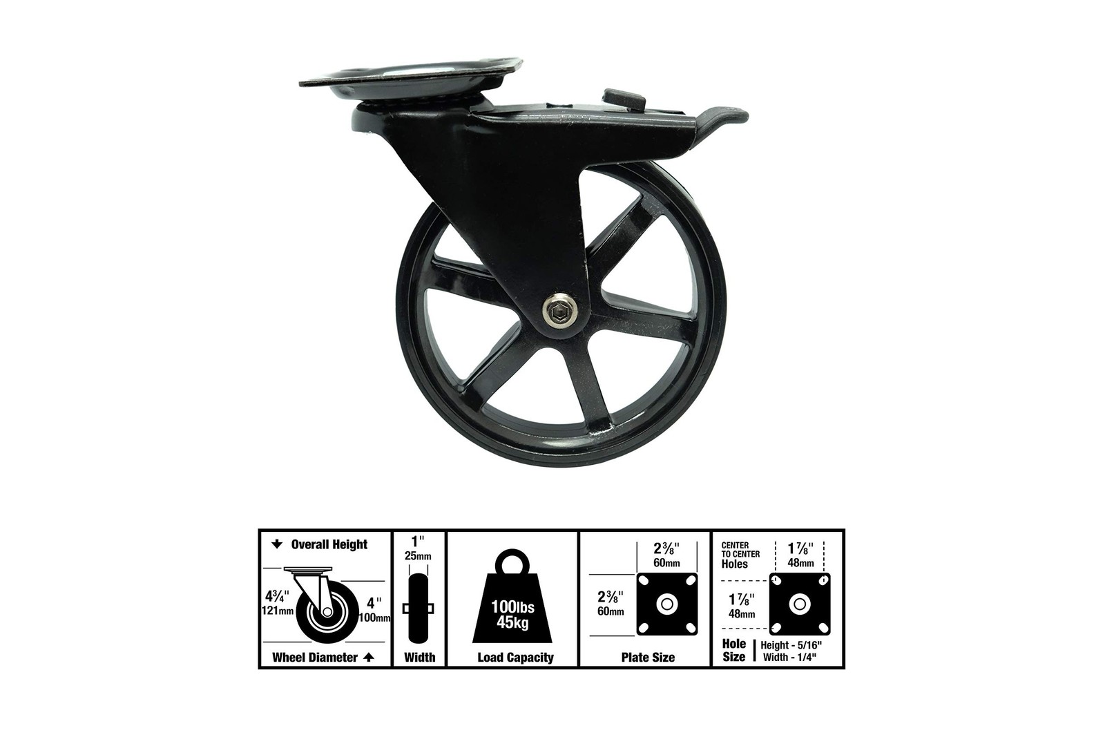 8300E Vintage Series 4-Inch 6-Spoke Designer Caster, 4 Pack - Gloss Black