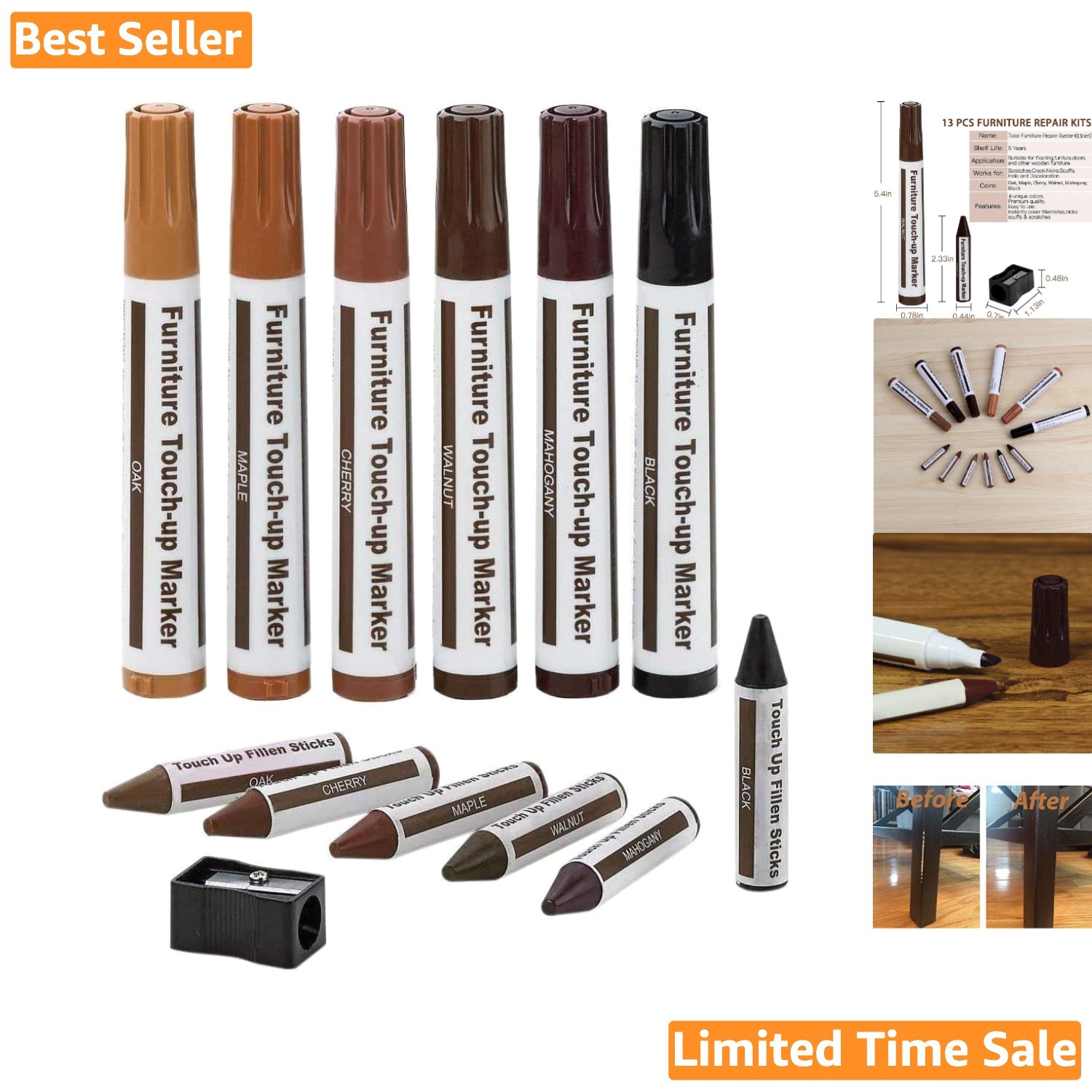 13-Piece Furniture Repair Kit with Markers & Wax Sticks - 6 Colors