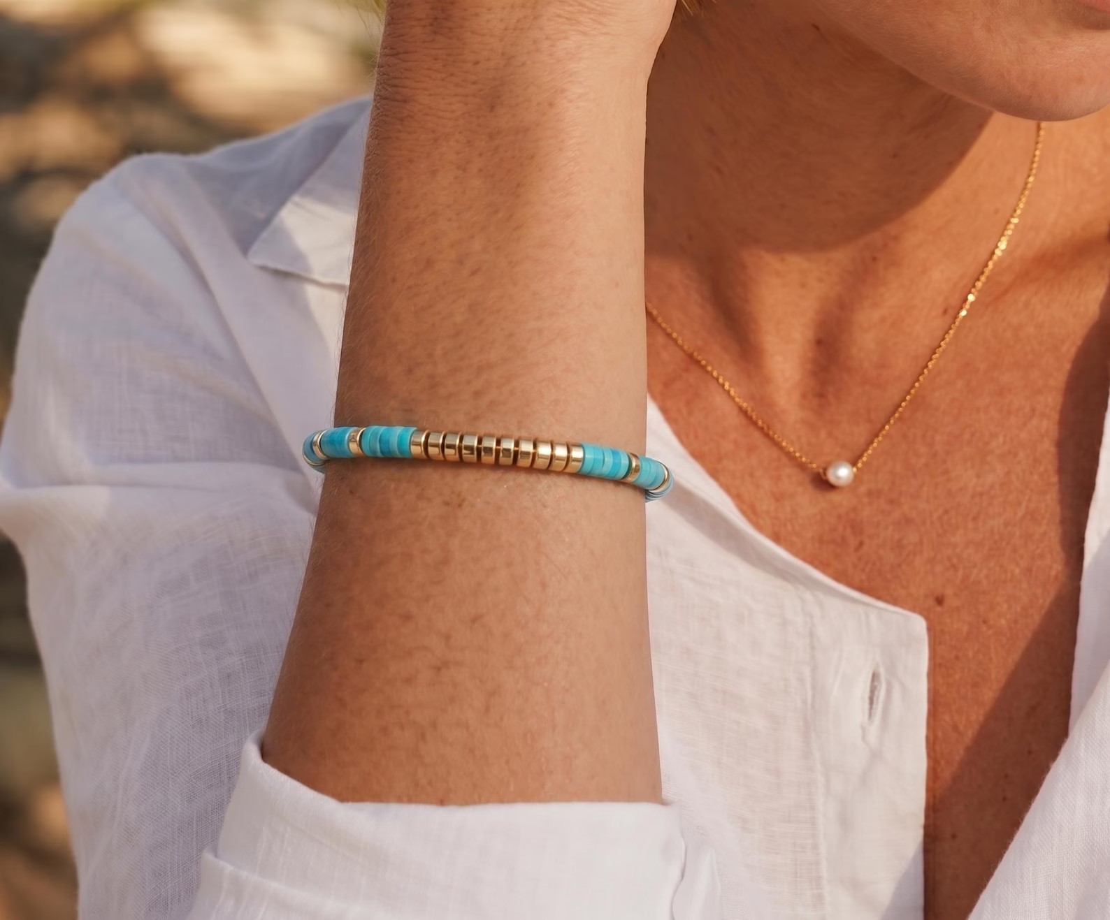 4mm Turquoise Heishi Bracelet | 14K Gold Filled | Southwestern Unisex Jewelry