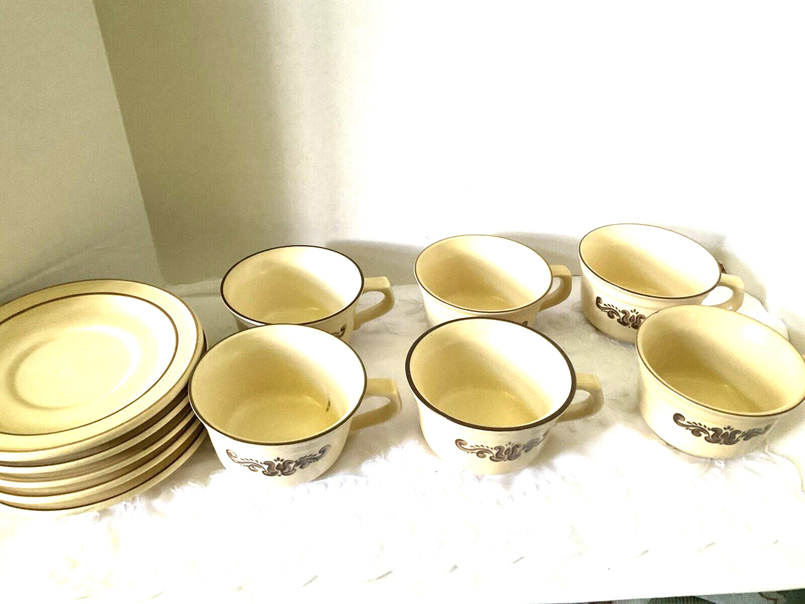 Pfaltzgraff Village Patten Lot of 6 Cups and 5 Saucers Some Crazing Rough Bottom