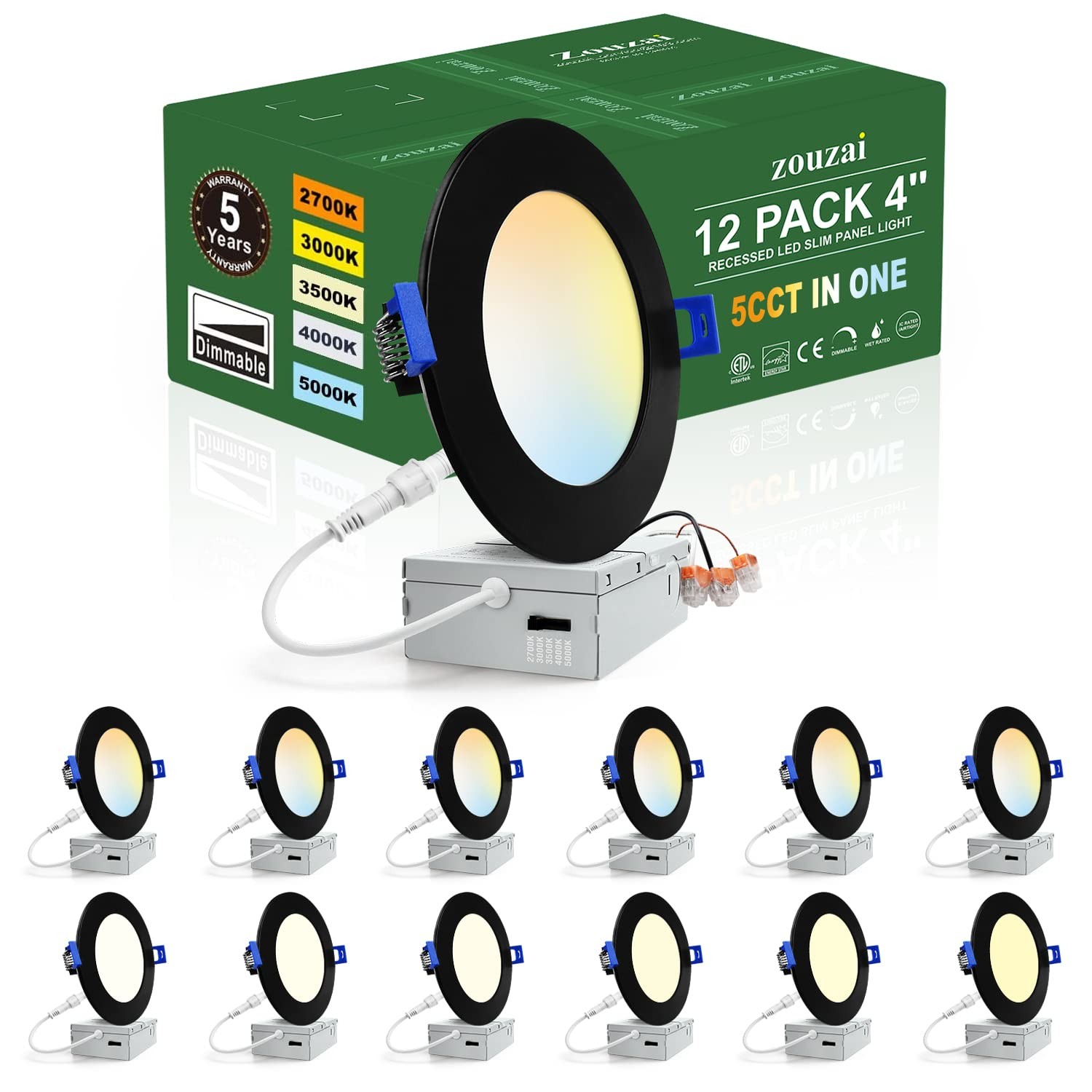 zouzai 12 Pack 4 Inch Black 5CCT Reset Ultra-Thin LED 4 Inch, 5CCT-Black