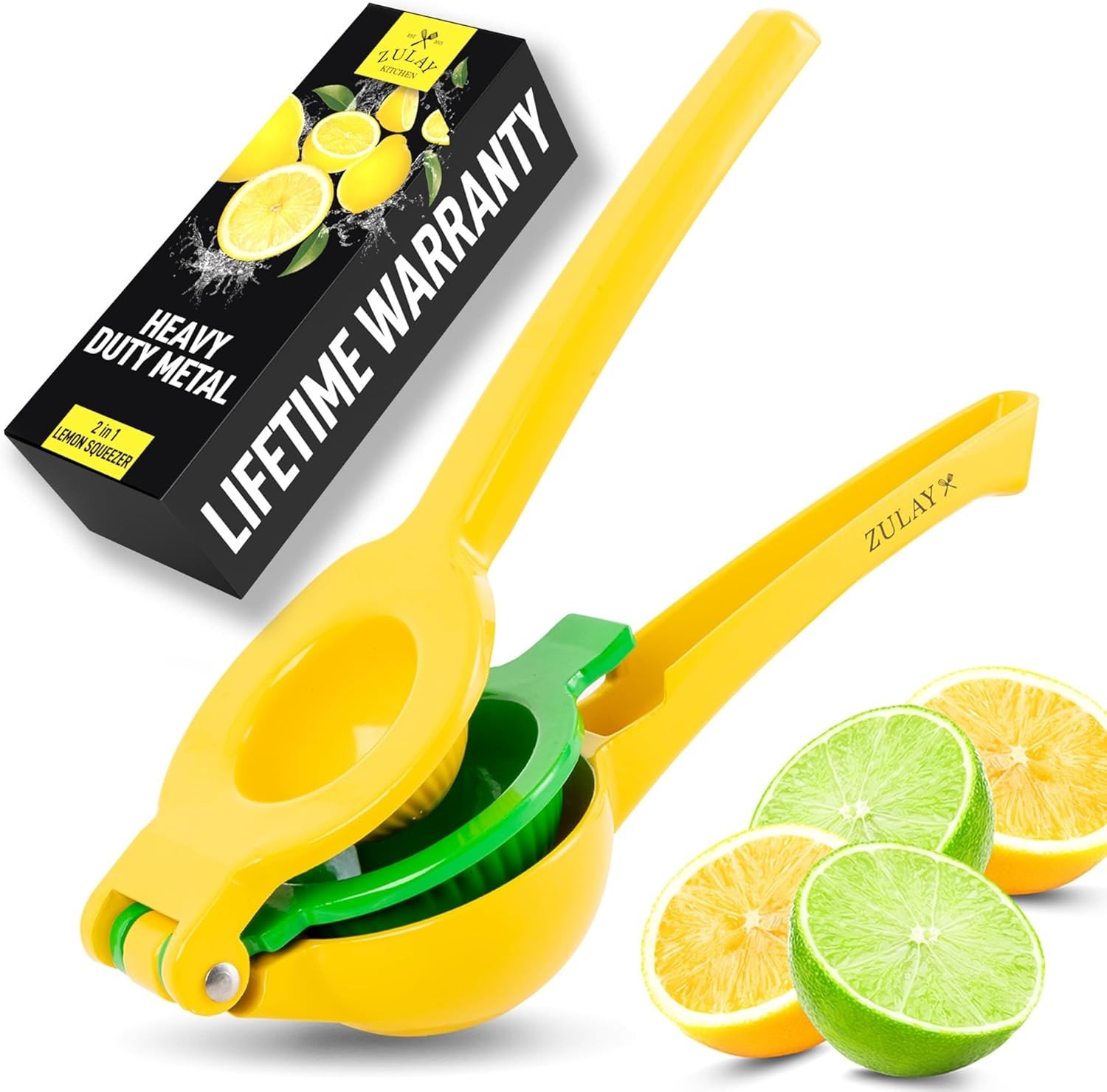 Zulay Kitchen Metal 2-in-1 Lemon Squeezer Max Extraction Hand Juicer Yellow Gree