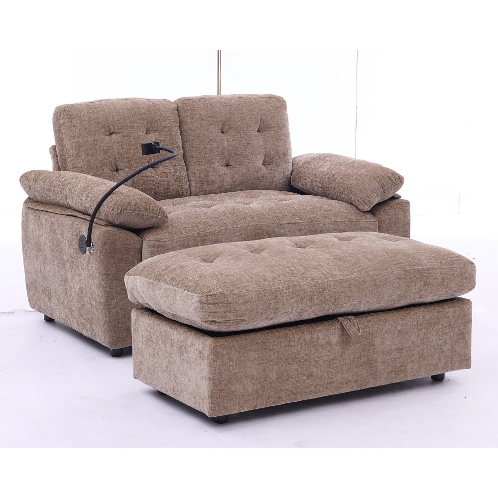 Double Sofa Recliner w/ Adjustable Backrest, USB Port, Ottoman - Brown