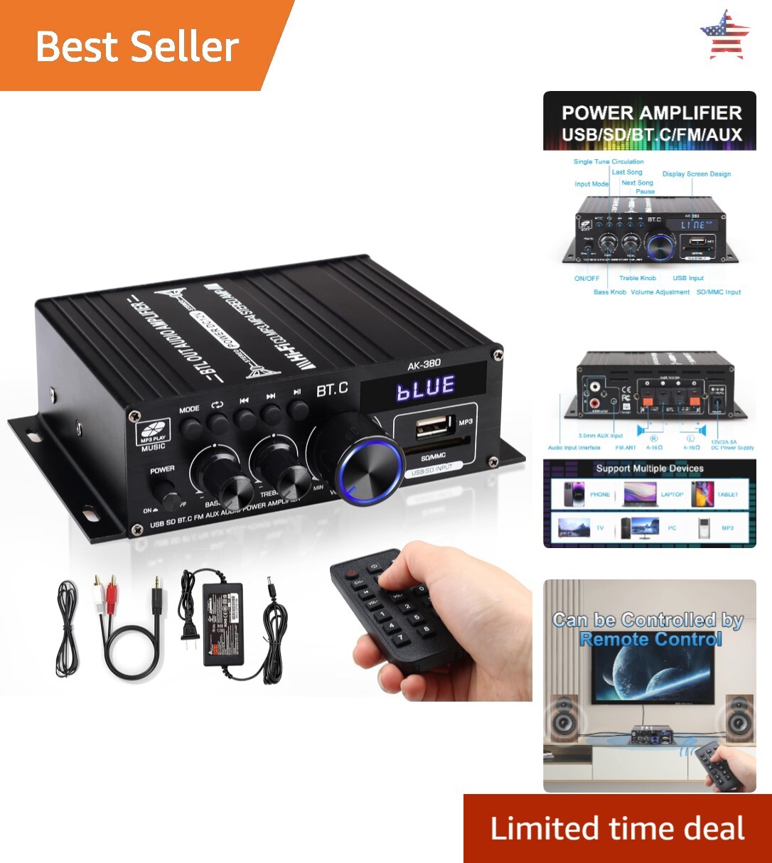 Compact Bluetooth Amplifier with Remote Control - Supports Bluetooth/USB/AUX/RCA