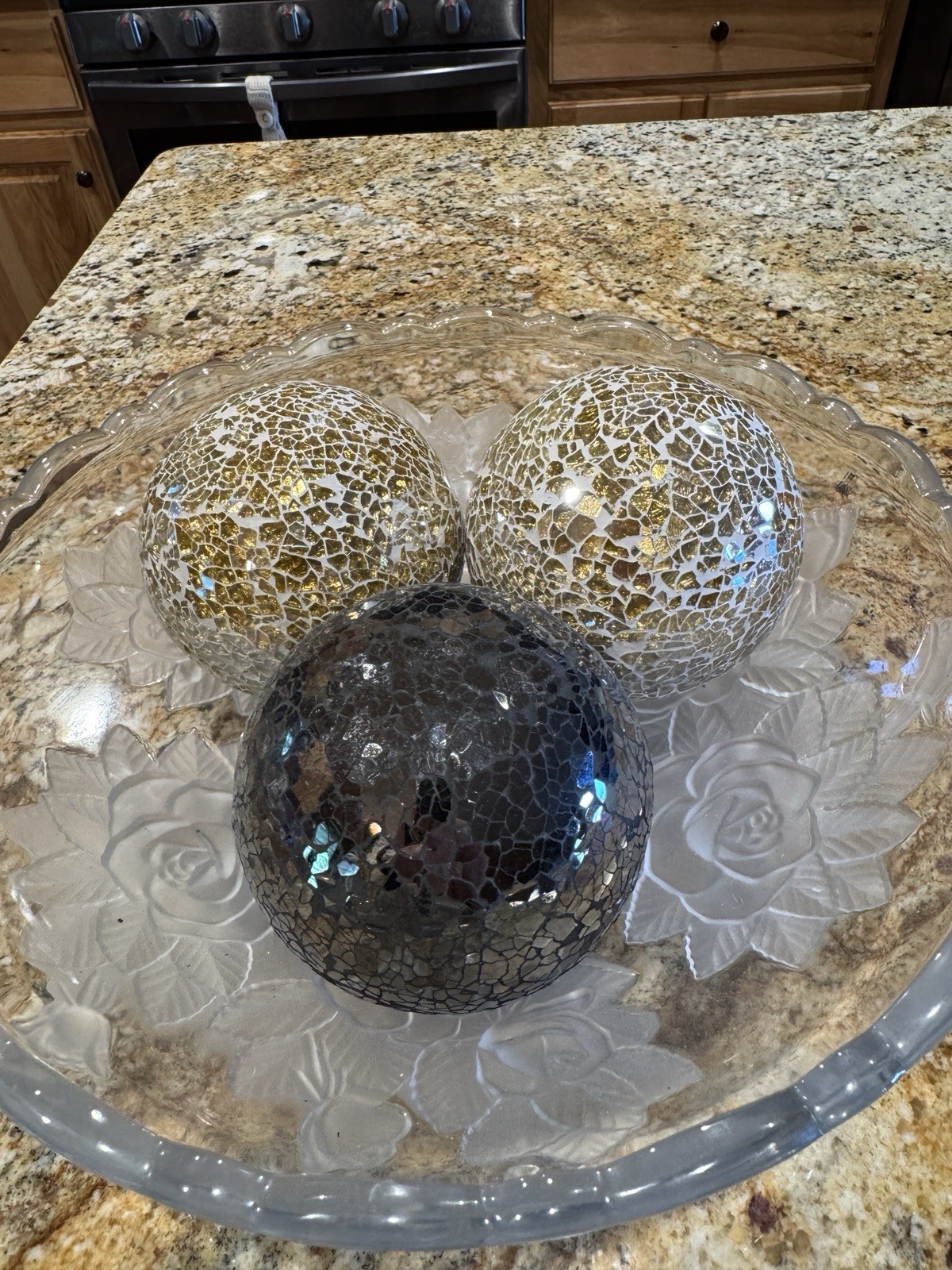 4 - 4 1/4” Round Balls ( Disco ? ) Sequined / Mirror Non-Hanging.  Ornaments