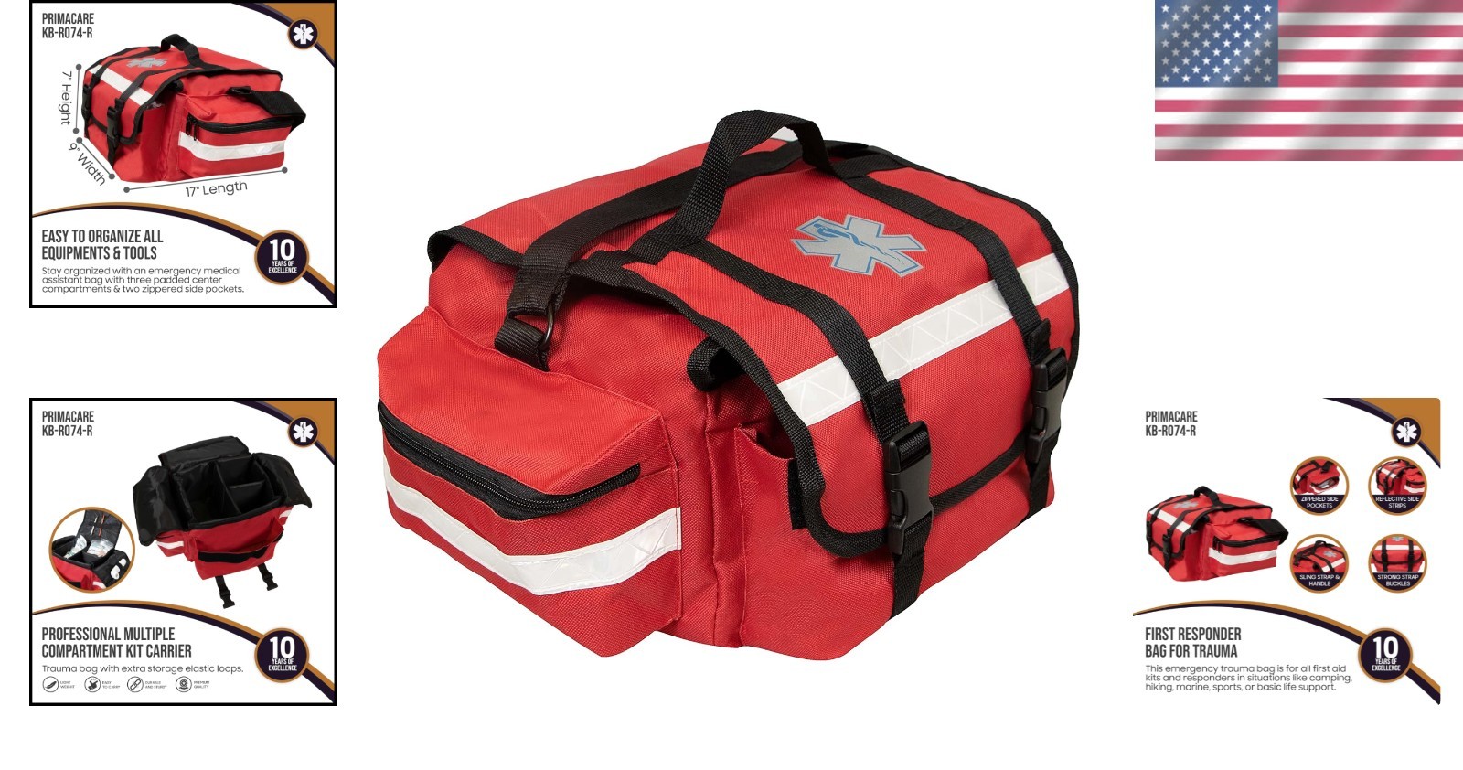 Versatile Red EMT Trauma Bag - 17" x 9" x 7", Multiple Compartments Included