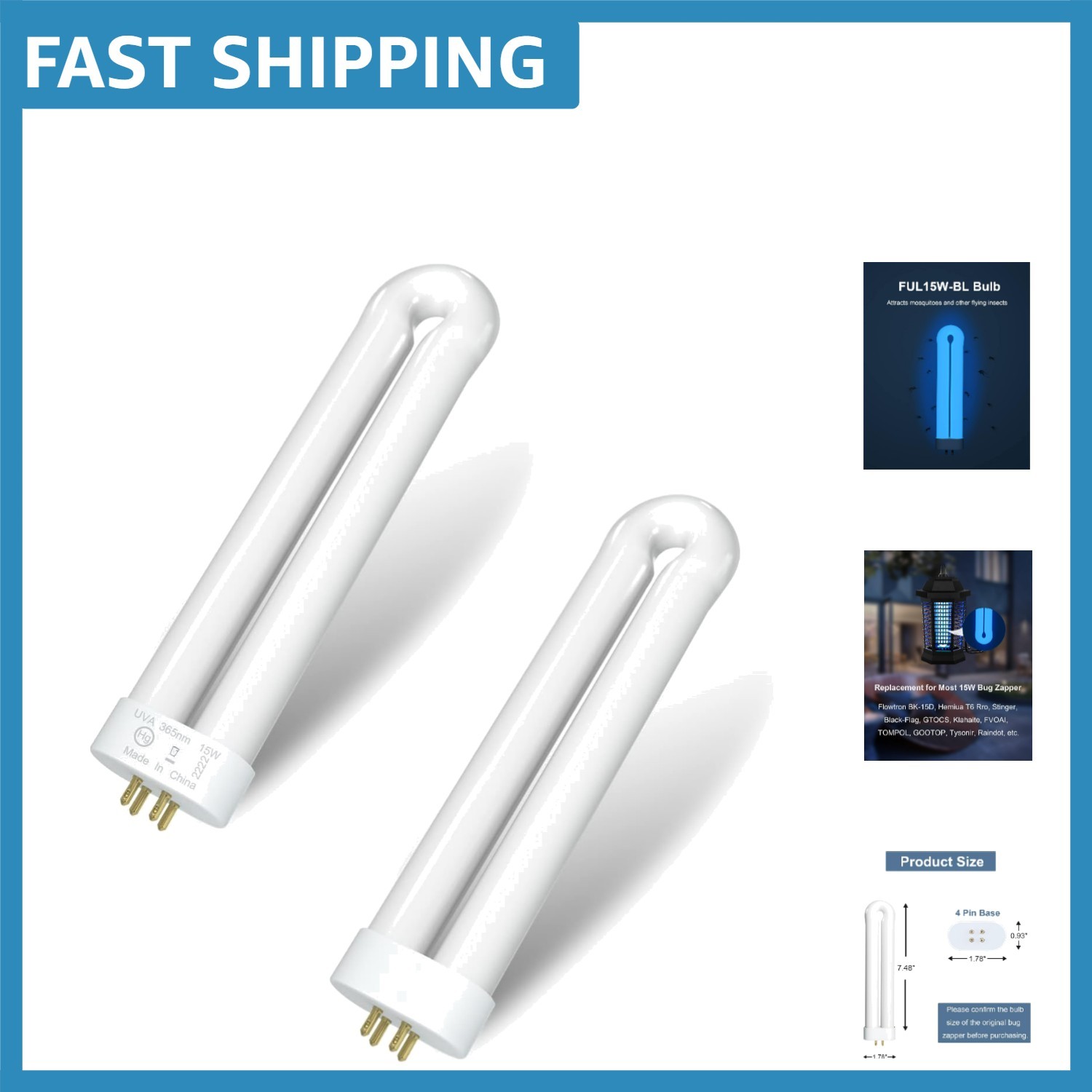2 Pack 15W U-Shaped Bug Zapper Replacement Bulbs - Effective UV Light Solution