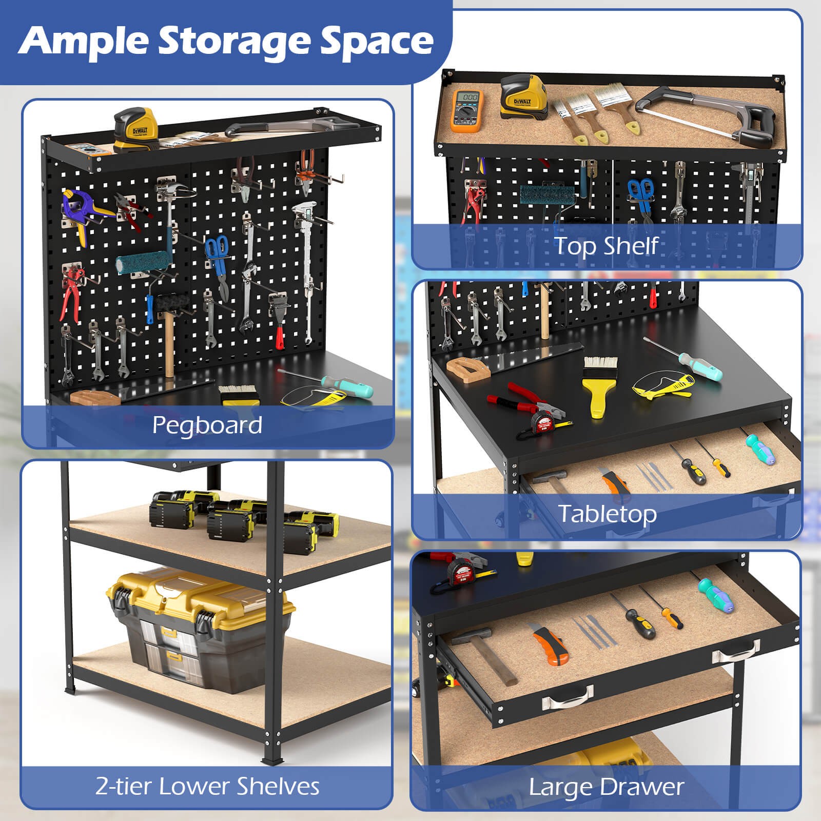 32" x 16" Workbench with Pegboard 20PCS Tool Hooks Drawer and Open Shelves
