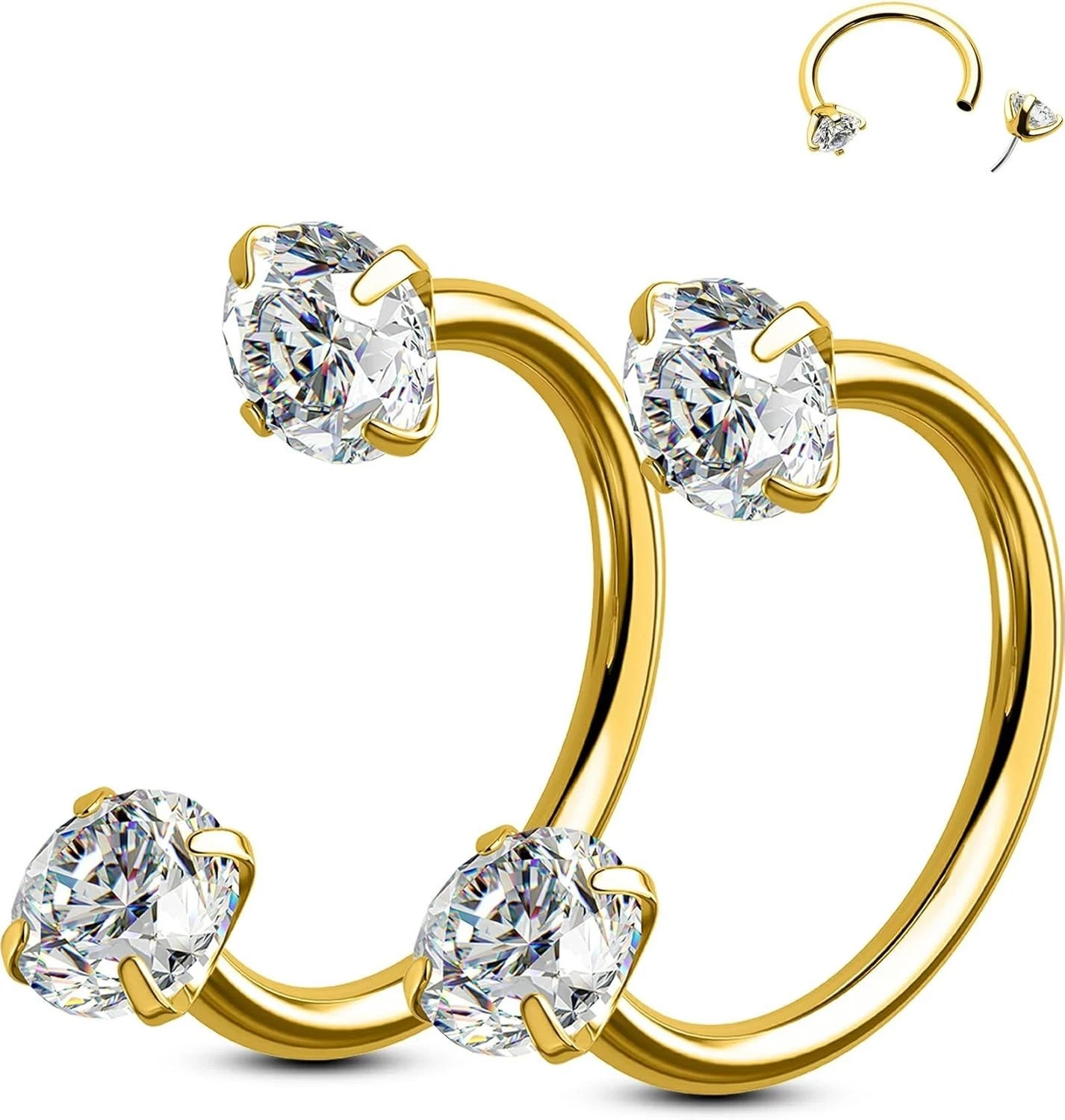 OUFER 2PCS 316L Surgical Steel Horseshoe Nose Rings Hoops, 20G Gold, Clear CZ
