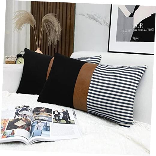 12x20 Pillow Covers Set of 2 20" x 12" (Pack of 2) Black Linen and Navy Stripe