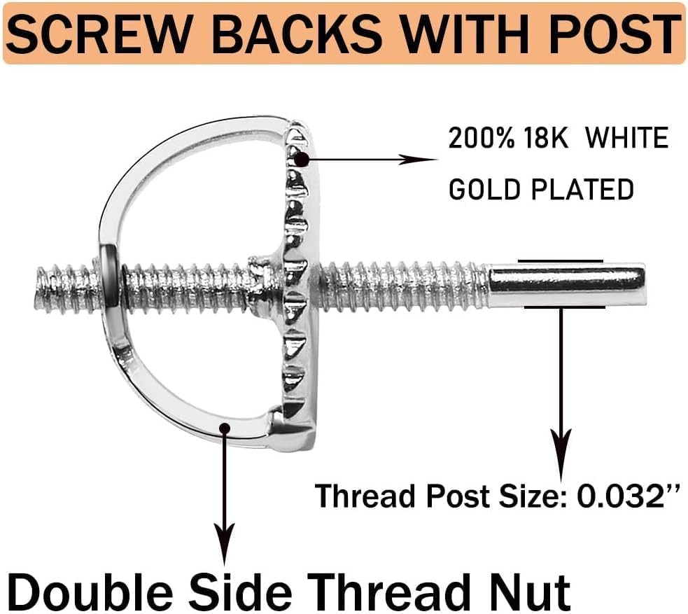 14K White Gold Plated Secure Screw Earring Backs Replacement for Diamond Earring