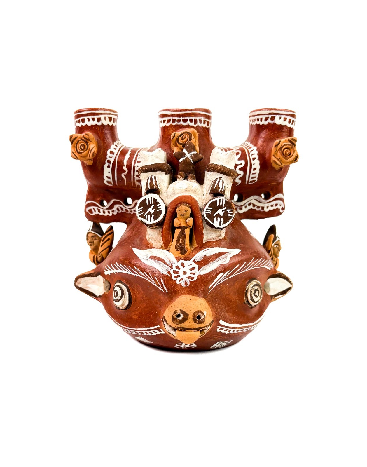Vtg Clay Terracotta Peruvian Quinua Folk Art Pottery Church Candelabra Bear/Bull
