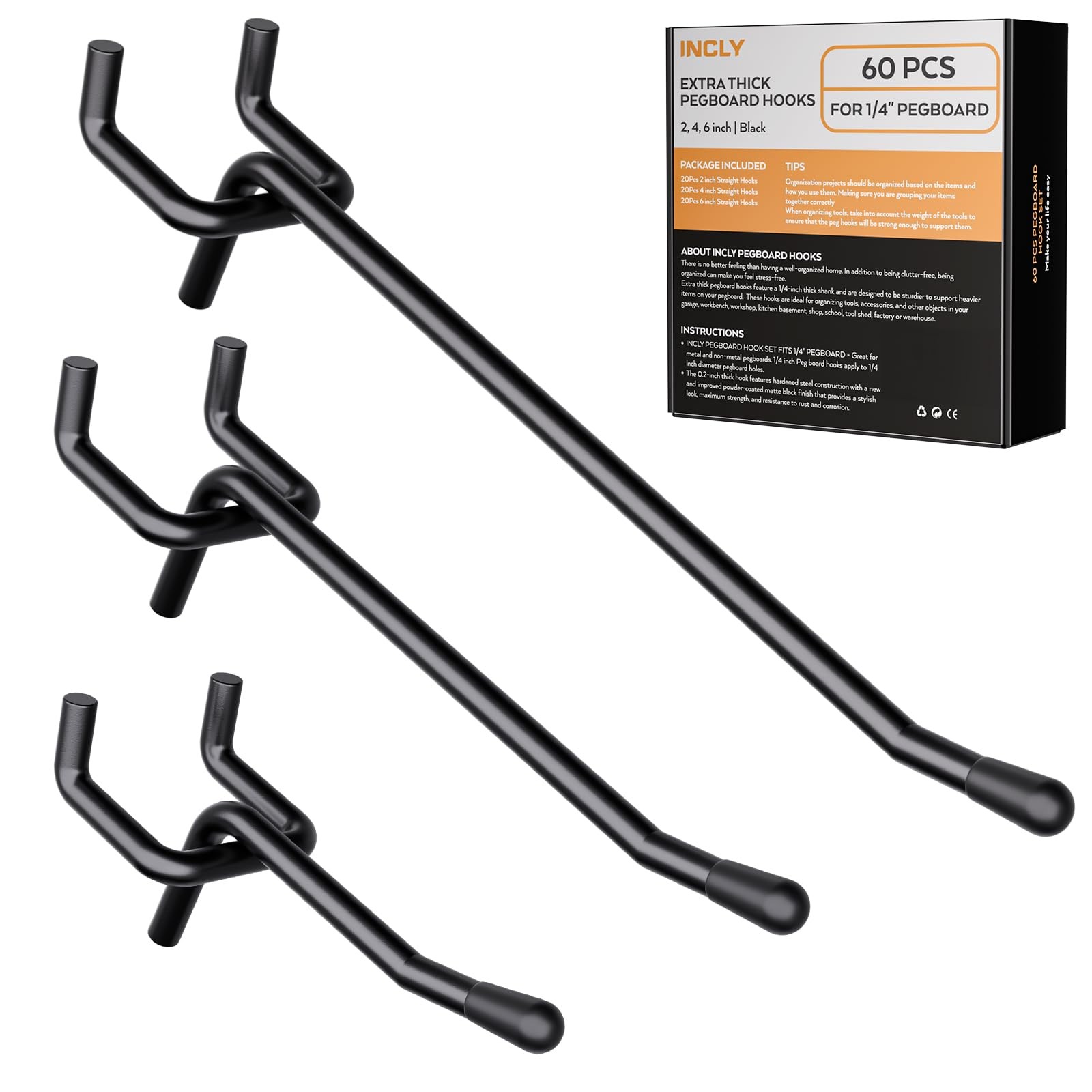 INCLY 60 Pack 2/4/6 Inch Black Pegboard Hooks, 1/4" Heavy Duty Peg Board Shelvin