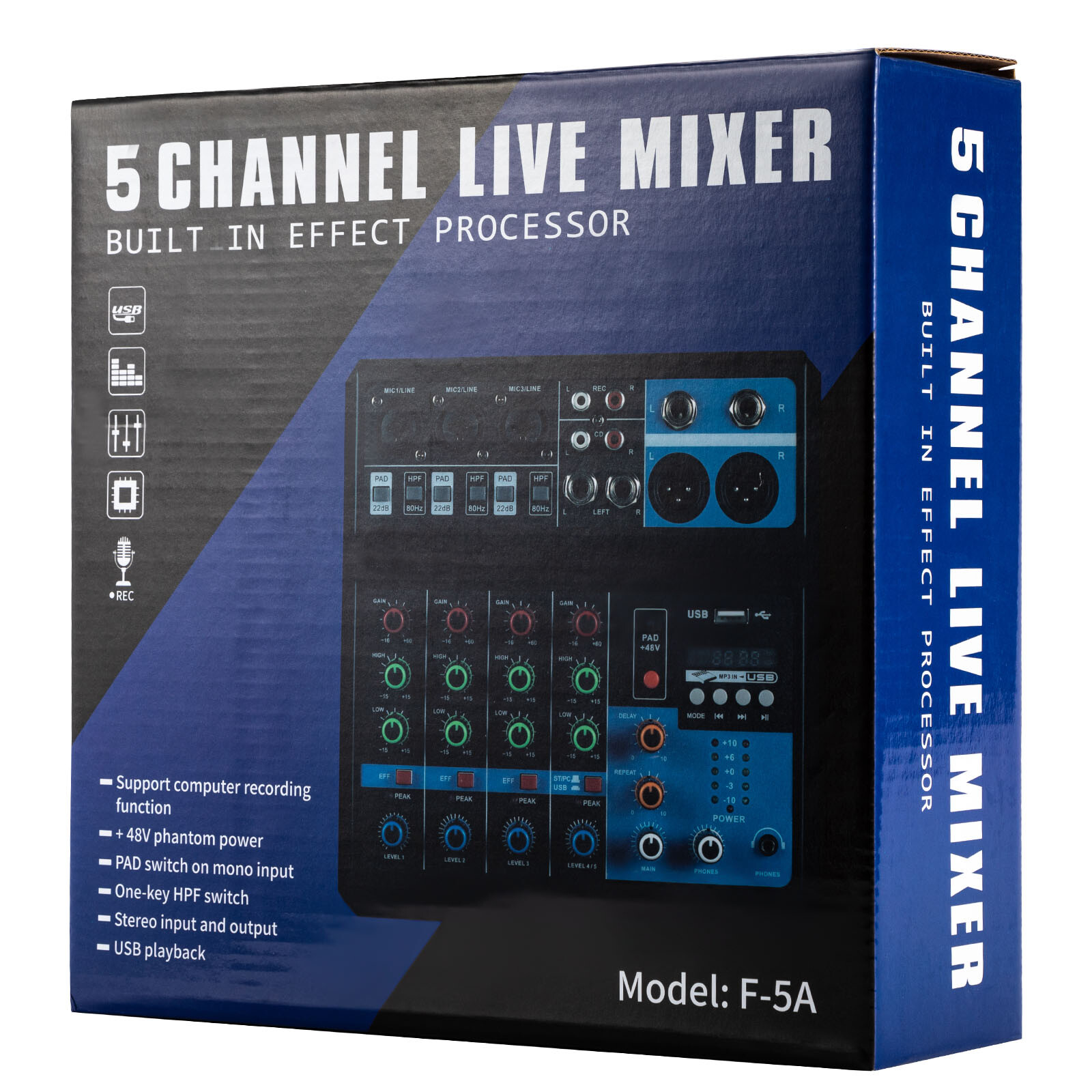 5-Channel Mixing Console Live Studio Audio Mixer Sound Board DJ USB Interface