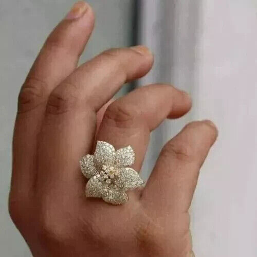 2.0Ct Round Cut Moissanite Cluster Flower Engagement Ring 14K Yellow Gold Plated