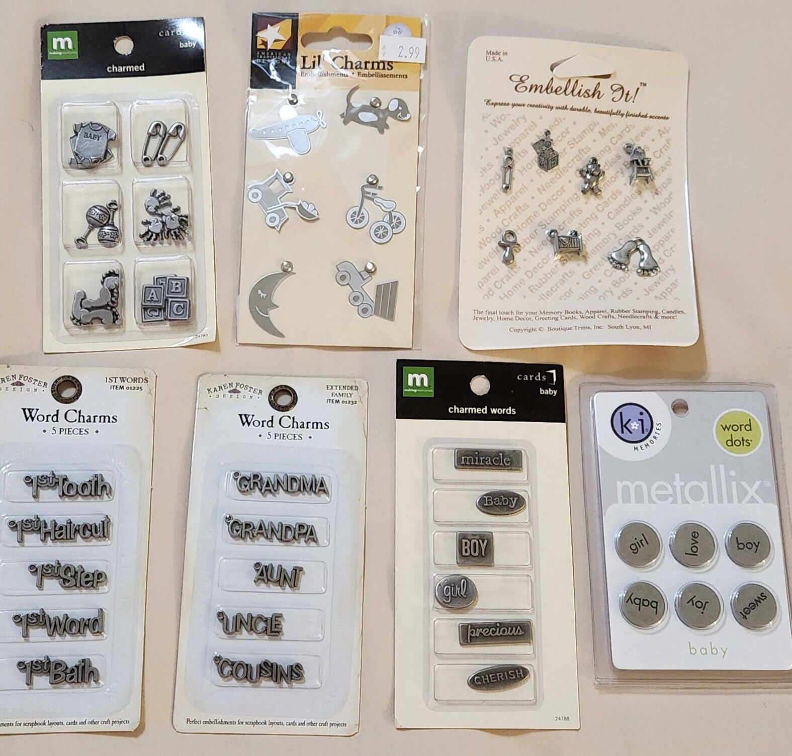 NEW Lot Making Memories Karen Foster Metal Words Dots Charms BABY FAMILY -S