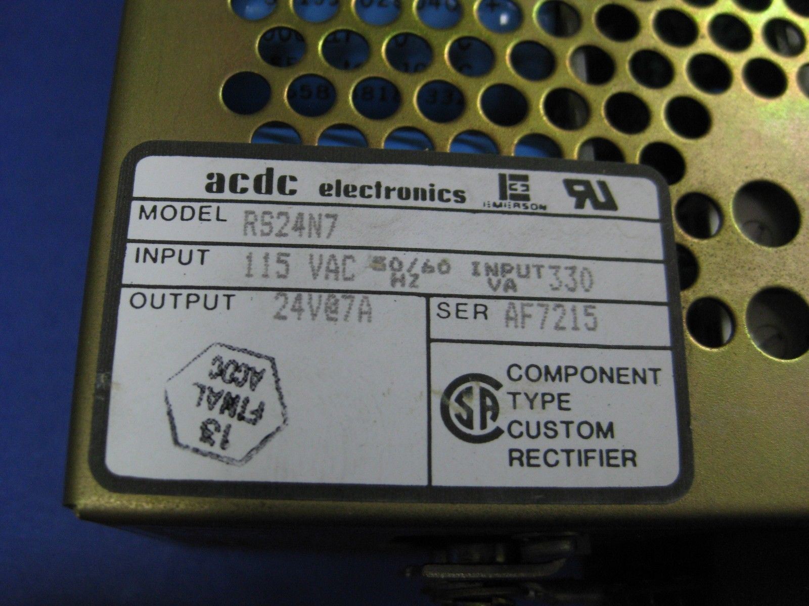 ACDC Electronics RS24N7 Power Supply, 115 VAC Input, Used
