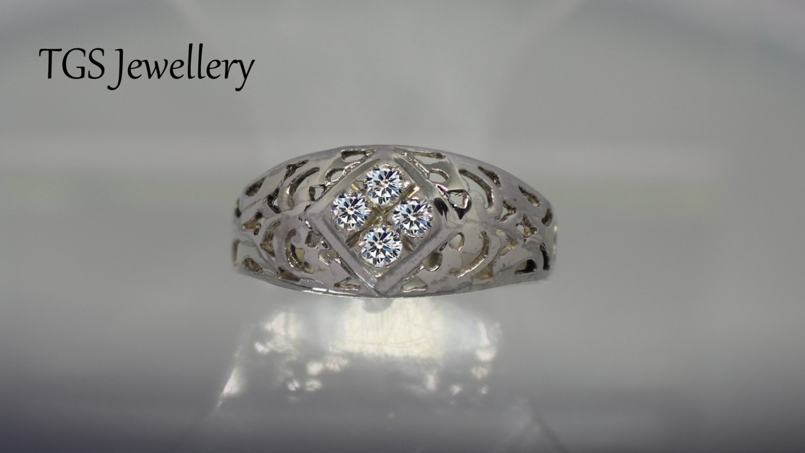 Solid Sterling Silver Handmade Ring with 4 Cubic Zirconia Stones + Gift Bag