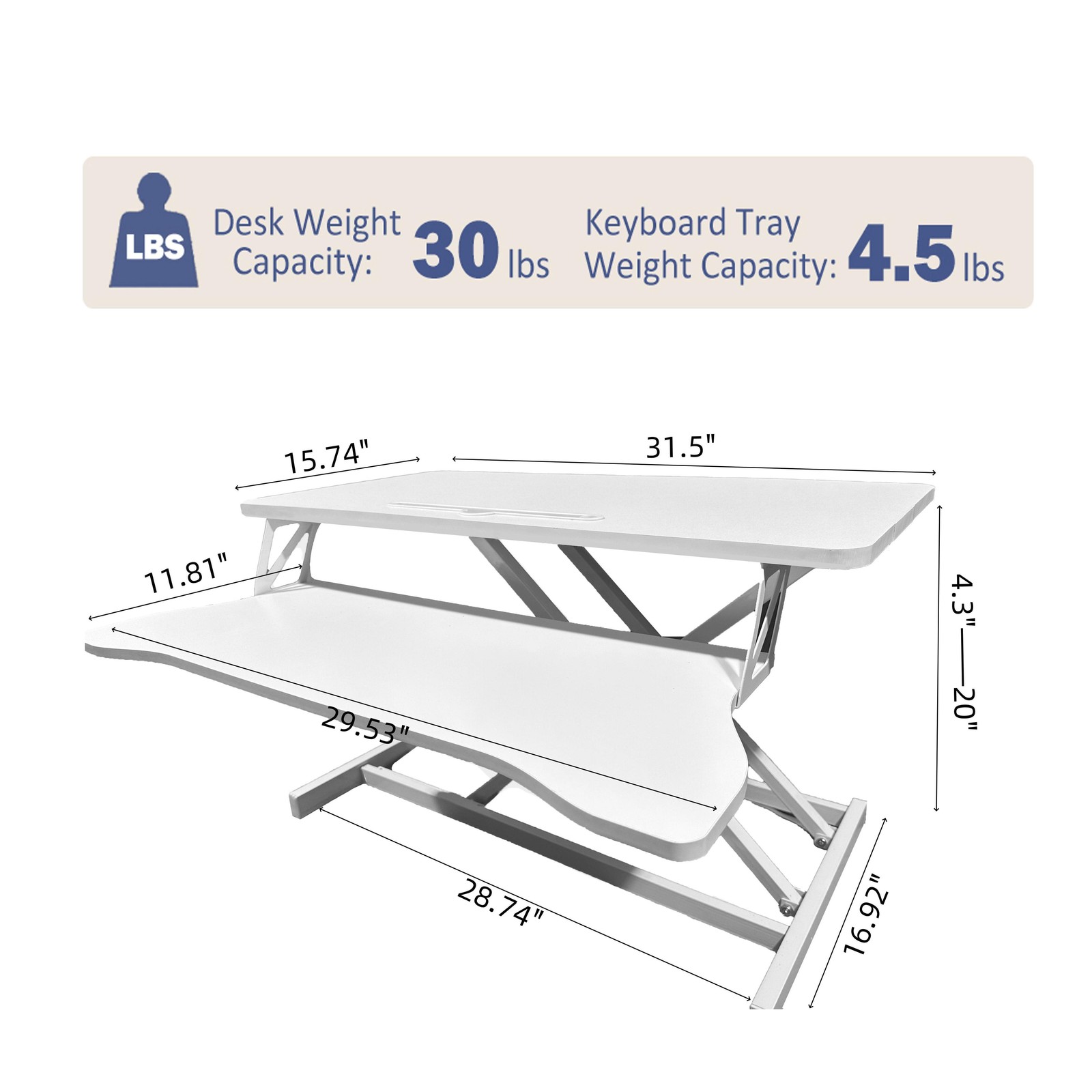 32 Inch Height Adjustable Computer Desk w/ Wide Keyboard Tray, WHITE