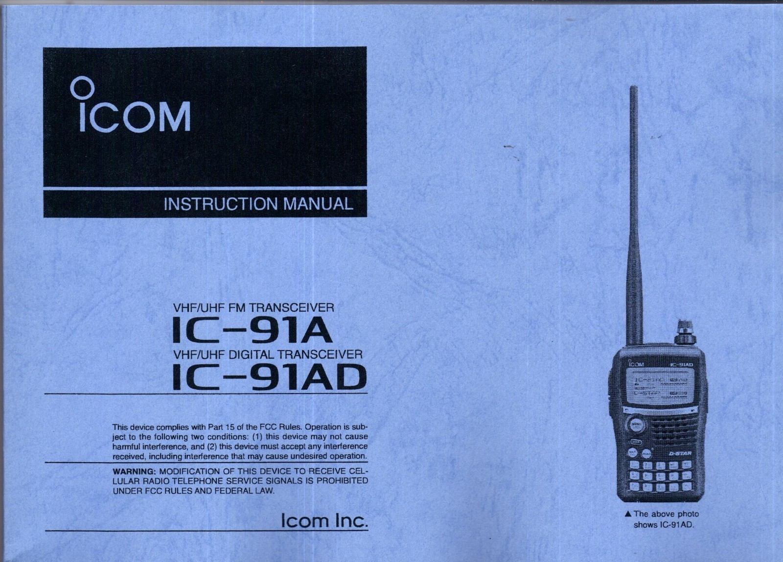 NEW ICOM IC-91A/IC-91AD Instruction Operating Manual Book in English