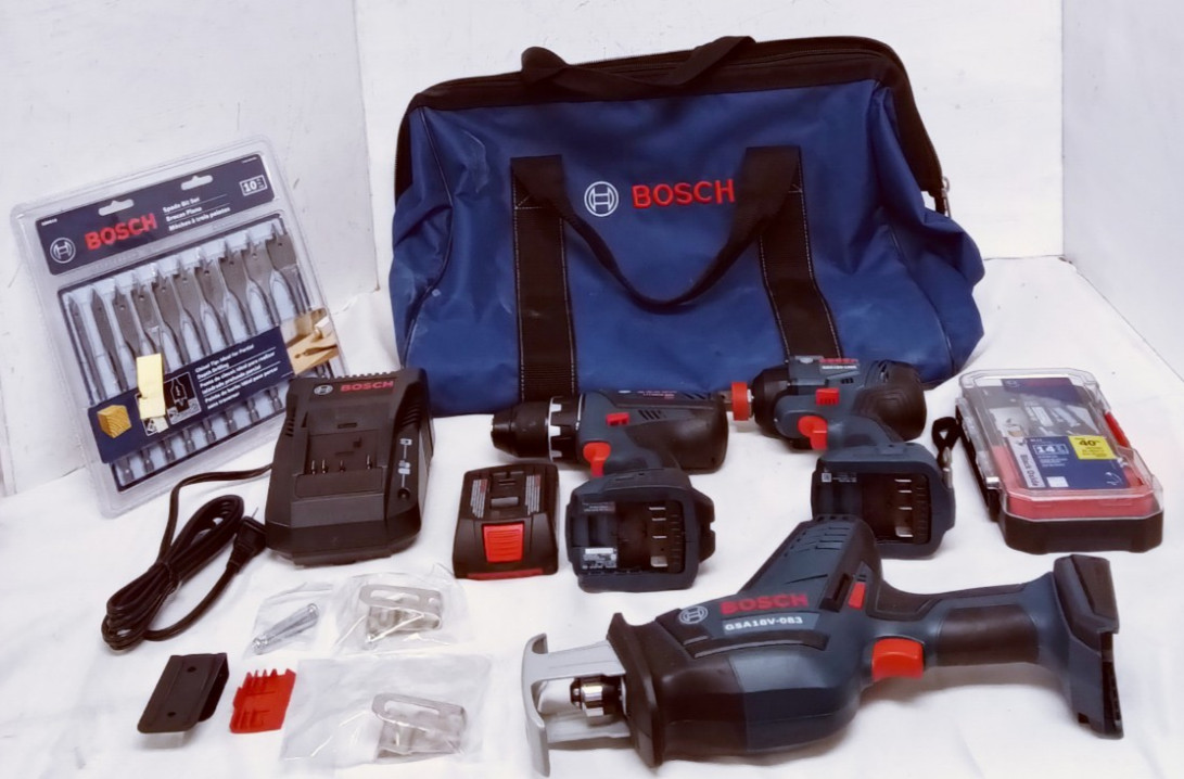 Bosch Power Tool Kit w/ 2 Drills, Saw, Battery, Charger, Spade Bit & Accessories