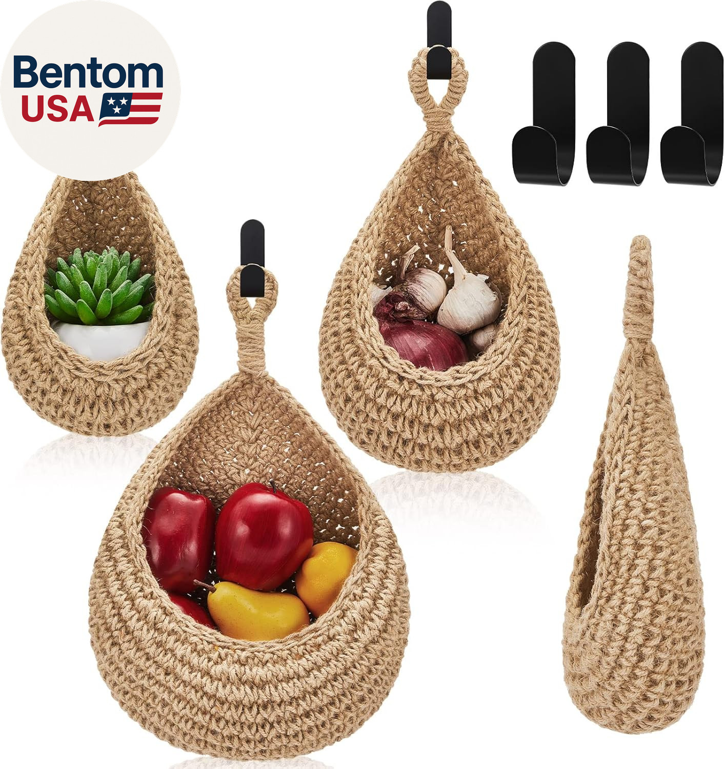 Boho Decor Hanging Wall Baskets for Kitchen 3 Pack Teardrop Baskets with Hooks S