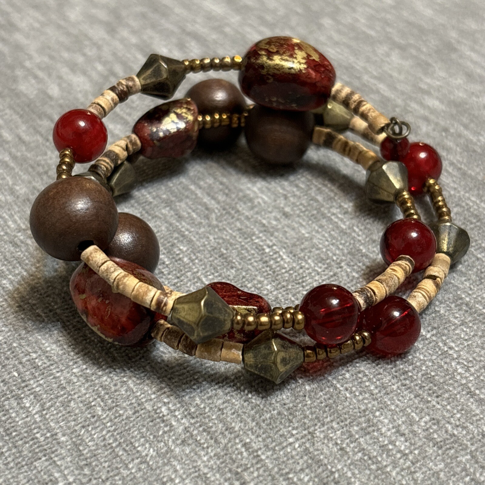 VTG Handcrafted Memory wire Wrap Bracelet, Multicolored Cork Copper Wood Beads