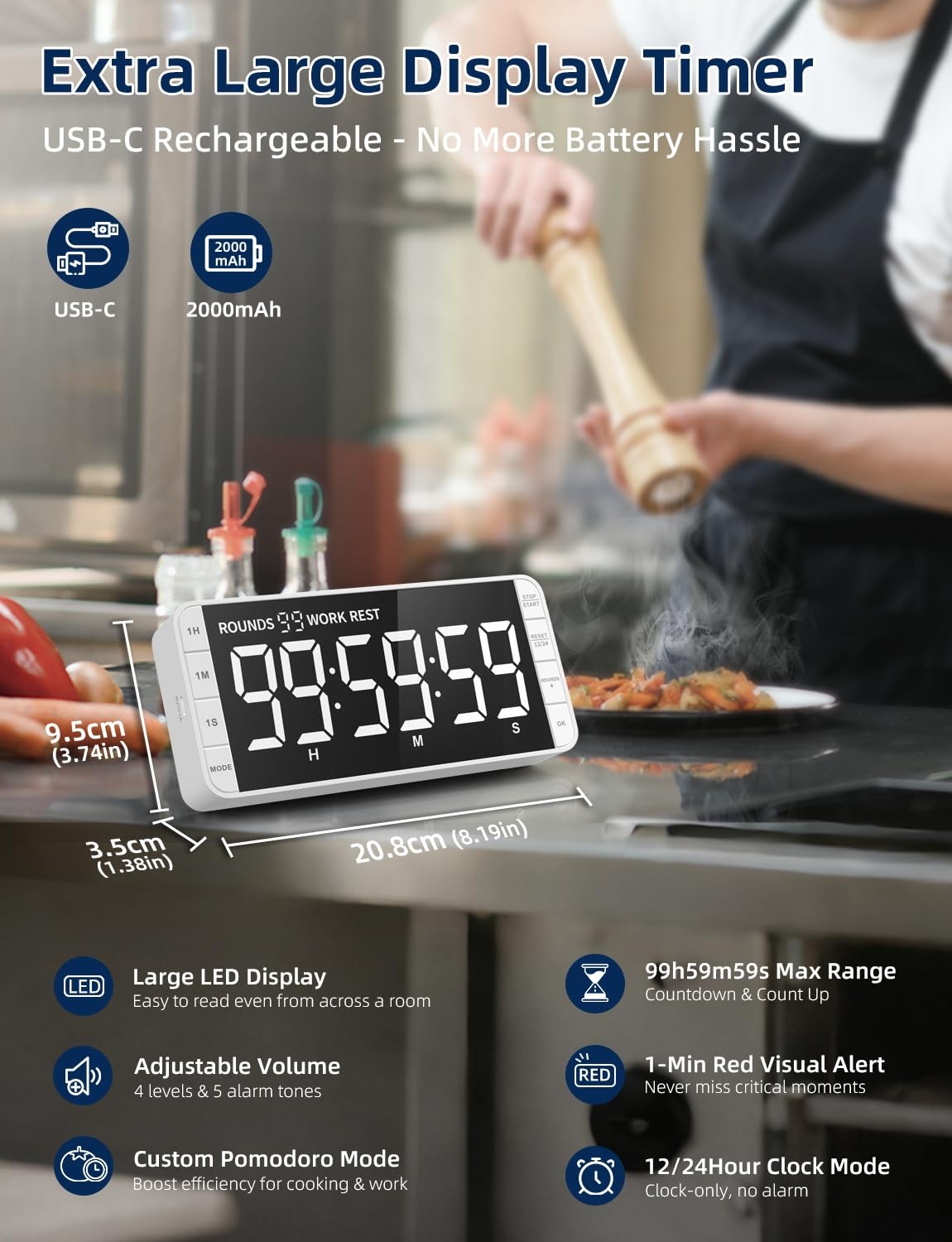 7.8" Digital Kitchen Timer with Large LED Display, Magnetic Rechargeable Coun...