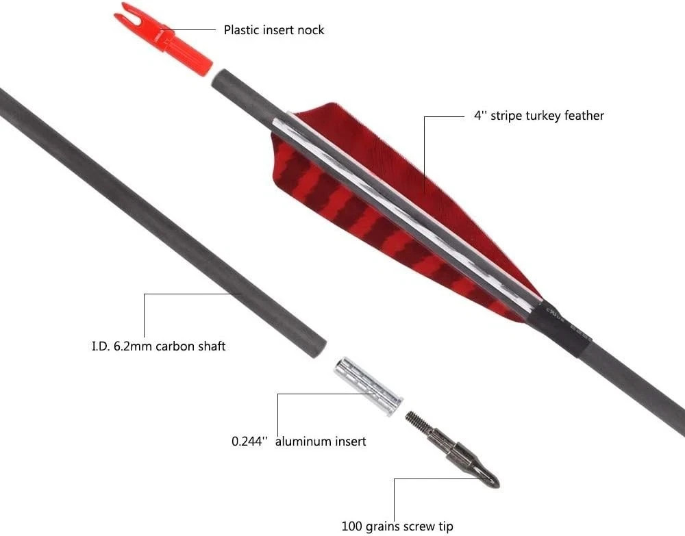 Pure Carbon Arrows 600 700 Spine Turkey Feather Fletching Screw-in Field Poin...