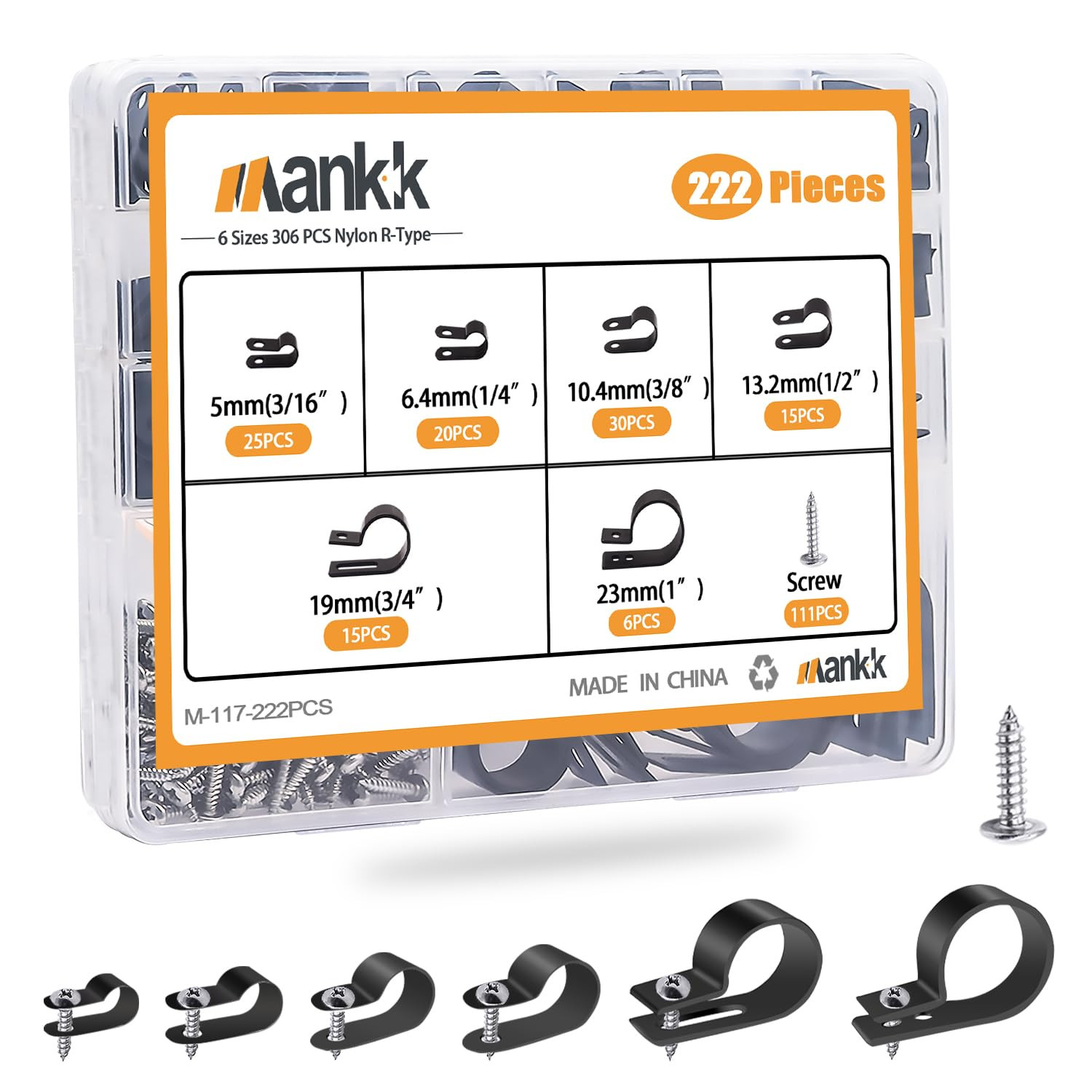 Mankk 222PCS Cable Clips Wire Clips Assortment Kit Nylon Plastic R-Type Cable Cl