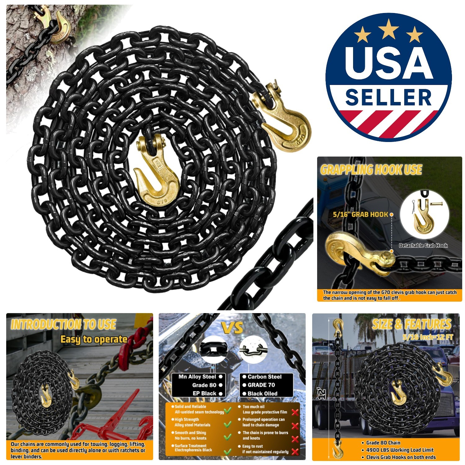 Professional-Grade 12 Ft G80 Binder Chain - Superior Rust Resistance & Safety