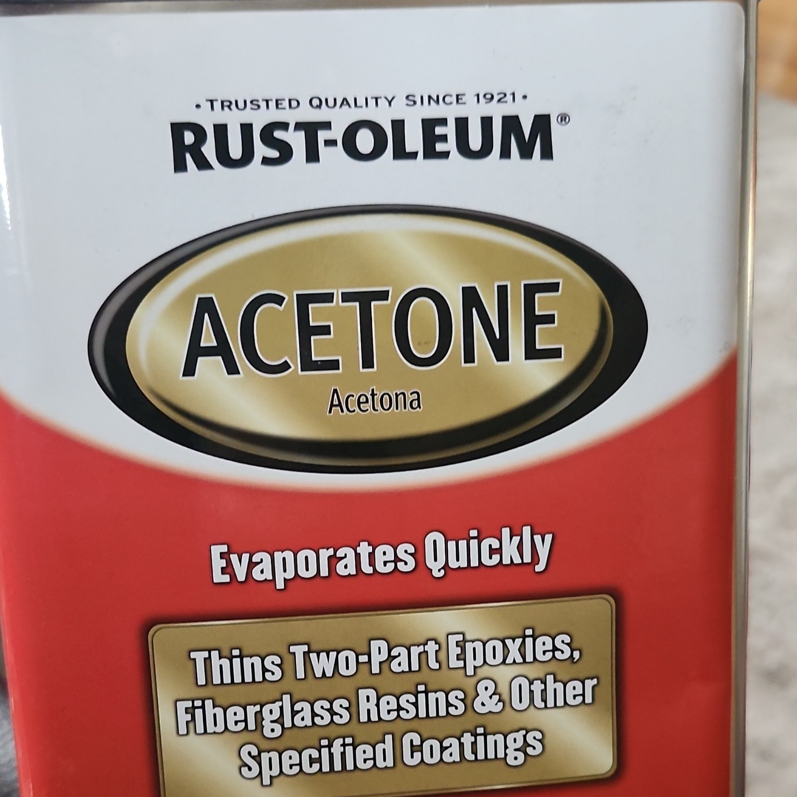 Rust-Oleum Acetone 248668 Evaporates Quickly, Thins Epoxies & Fiberglass Resins