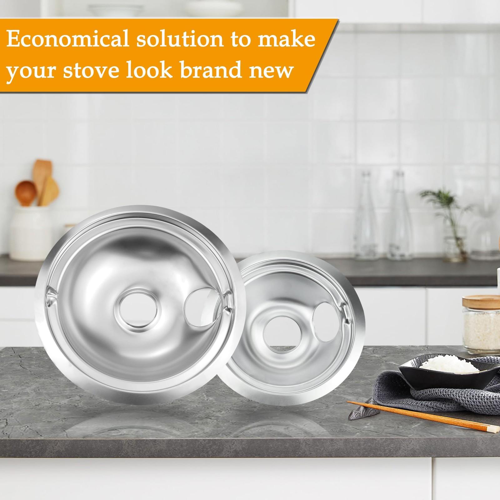 4 Pack (2) 6" & (2) 8" Electric Stove Burner Covers, Drip Chrome Pan Set Repl...