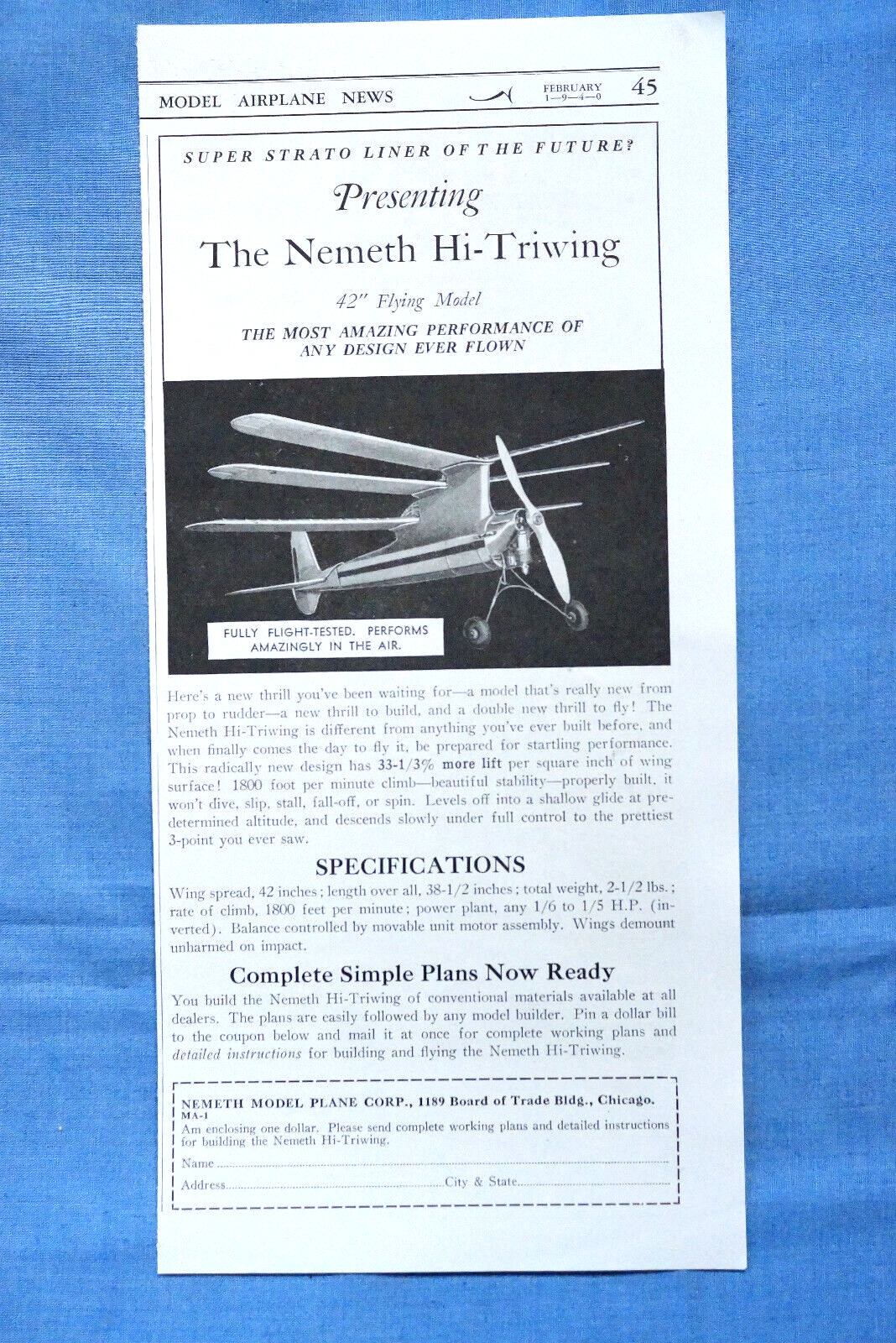 The Nemeth Hi-Triwing - Advertisement - Model Airplane News - Feb. 1940