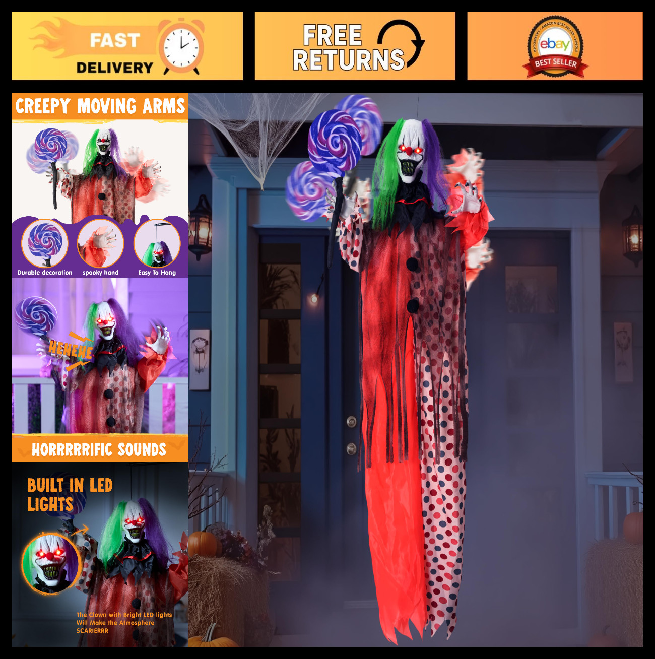 53" Scary Halloween Clown Decoration - Animated Waving Arm, Sound & Light Up Eye