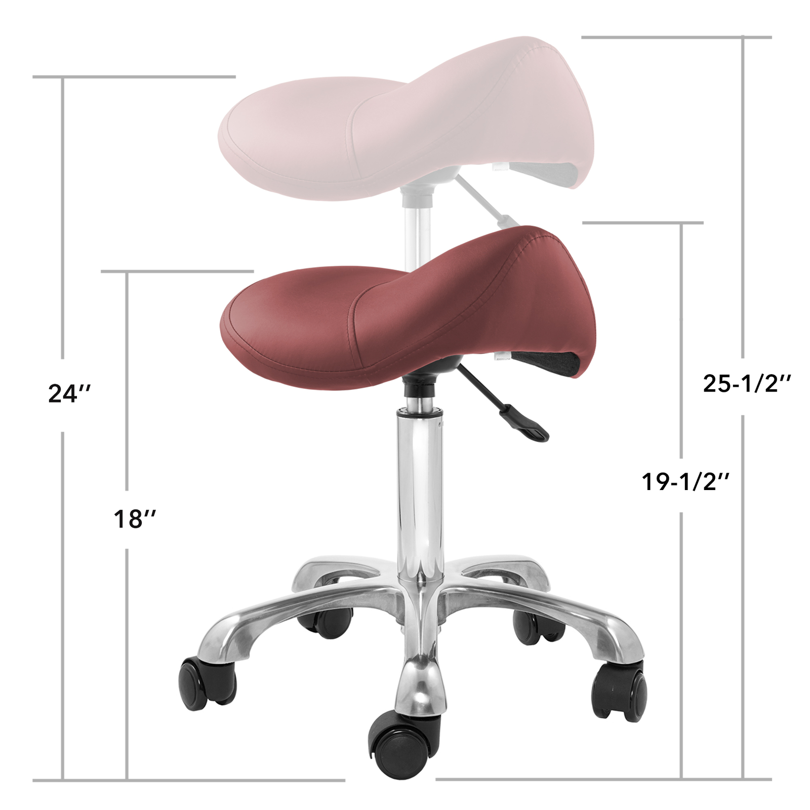 Hydraulic Adjustable Rolling Saddle Stool - Ergonomic, Swivel Wheels - Burgundy