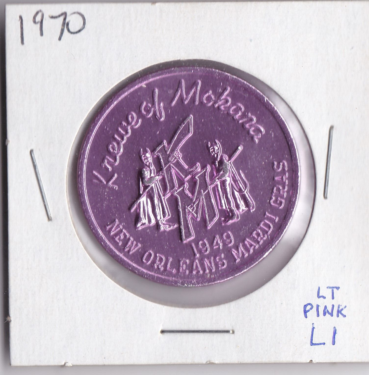 1970 Mardi Gras DOUBLOON  KREWE of MOKANA  NEW ORLEANS MARDI GRAS (Lt Pink L1)