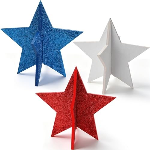 4th of July Wooden Star Signs, 3D Red White Blue Star Table Decor Glitter