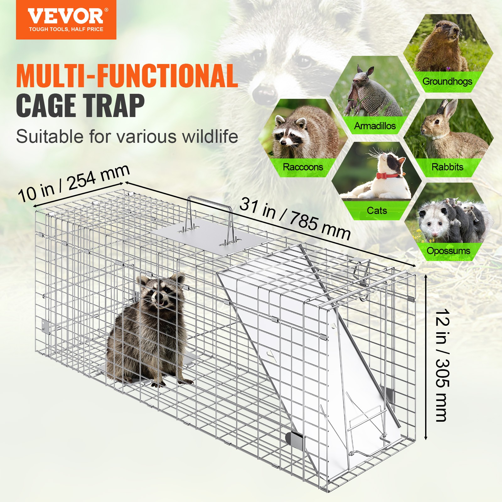 VEVOR Live Animal Cage Trap 31" x 10" x 12" Humane Cat Trap Cats Squirrels Mouse