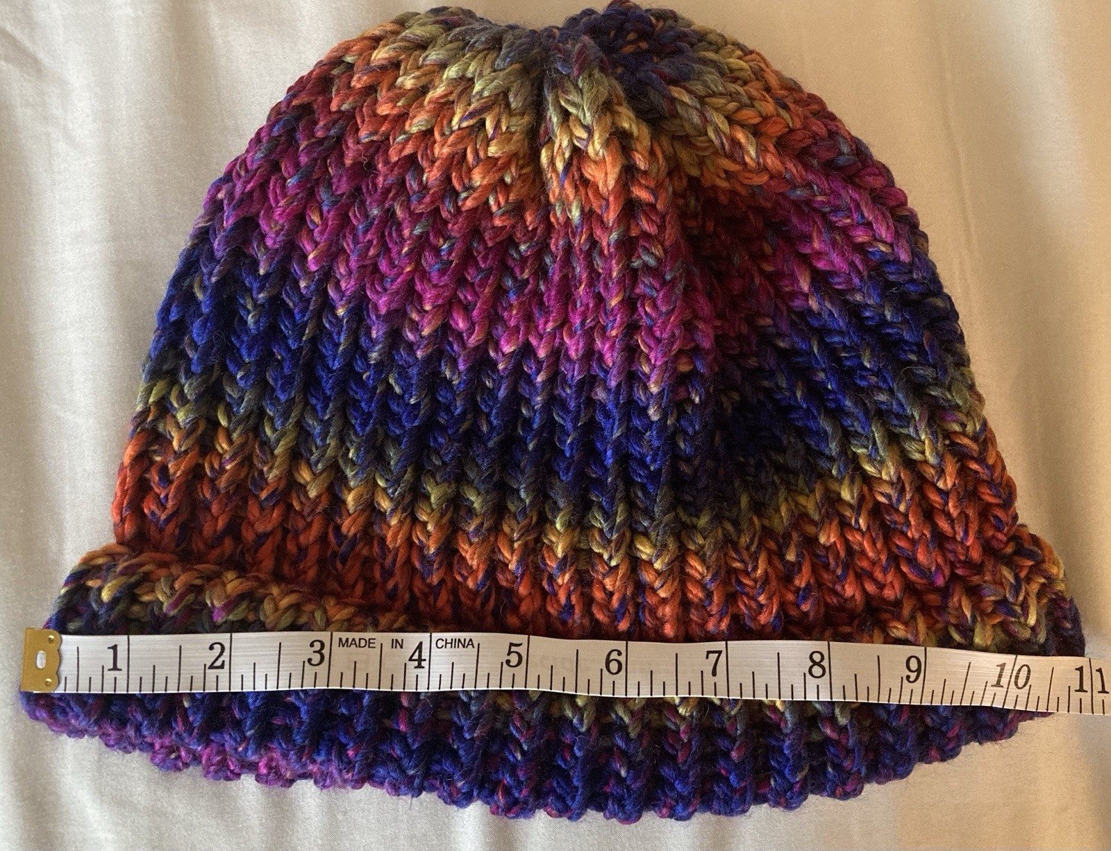 Handmade multicolor knit beanie hat for adults, 8-inch width