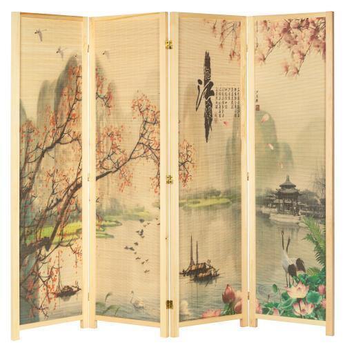4-Panel Asian-Inspired Bamboo-Screen Cherry Blossom Scene Room Divider
