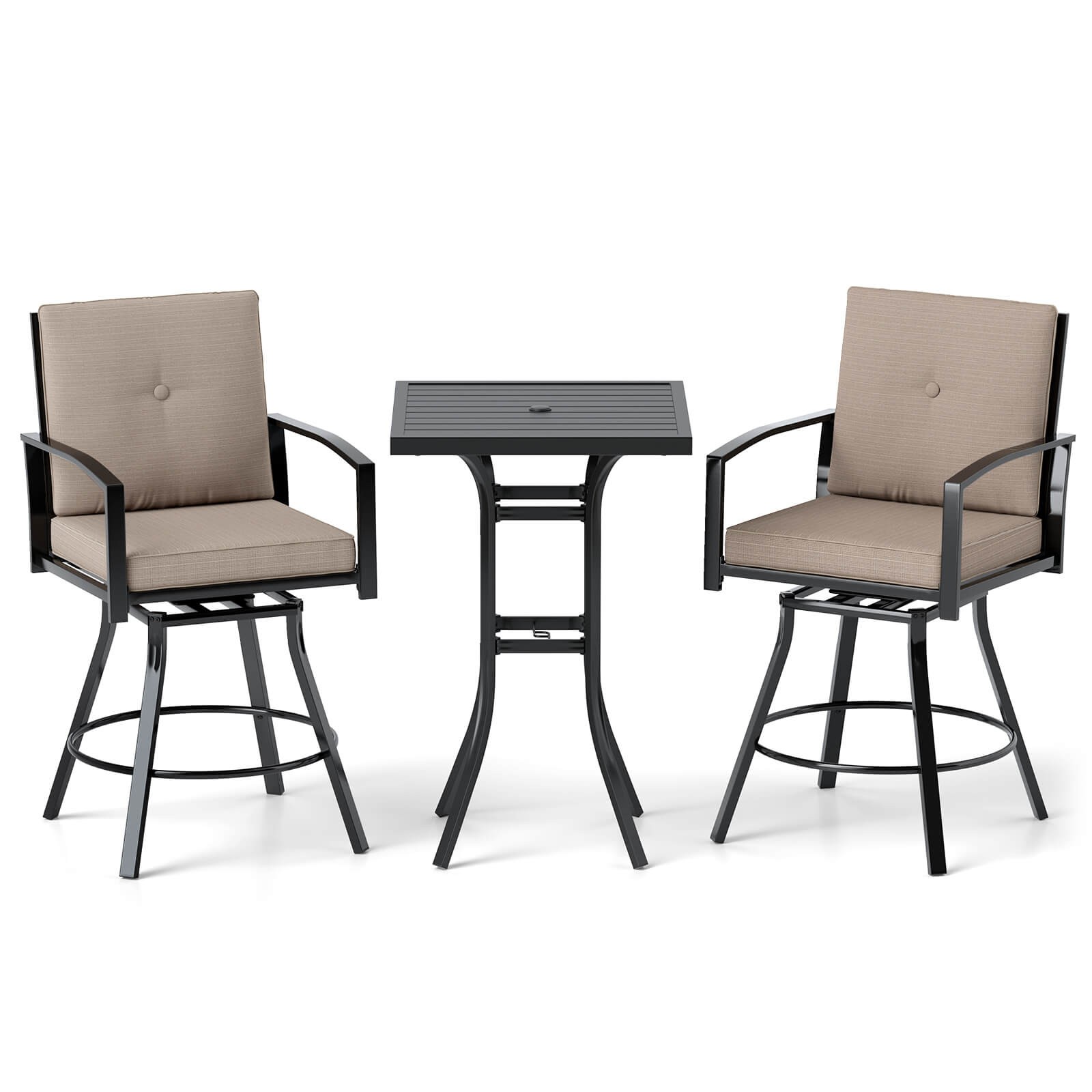 3 PCS Patio Swivel Bar Set Table and Chairs Set w/ Soft Cushions & Umbrella Hole