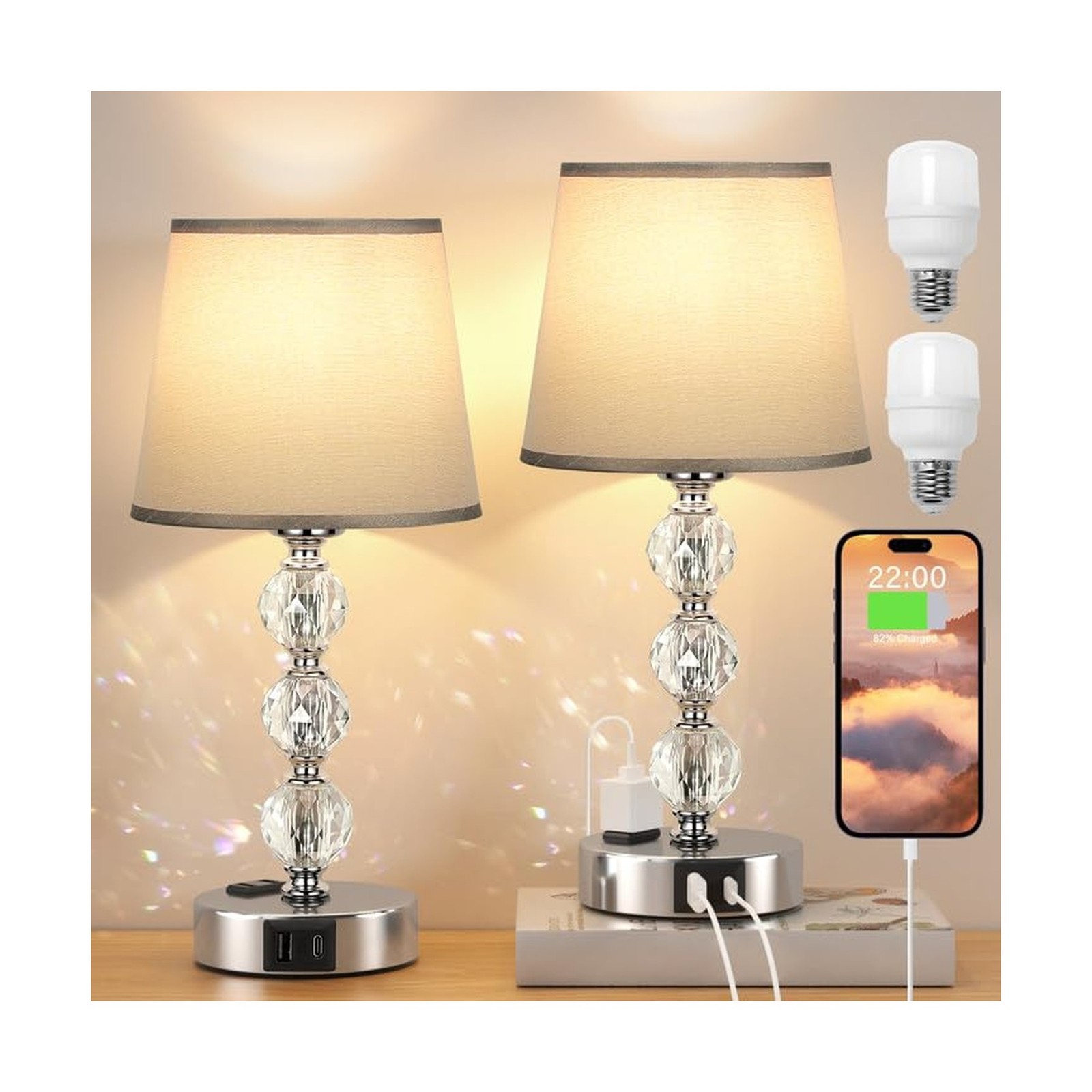 Acaxin Crystal Table Lamp Set of 2 for Bedroom/Living Room, 14.... USA FAST SHIP