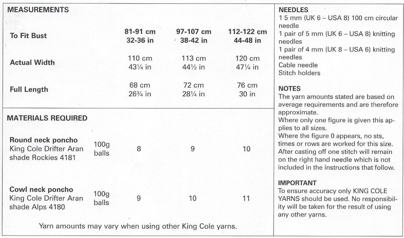 King Cole Aran Knitting Pattern Ponchos 5271