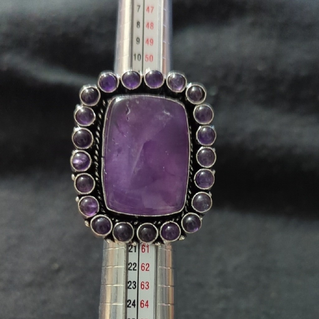 Silver Plated Purple Amethyst Gemstone Cluster Chunky Statement Ring - Size 8