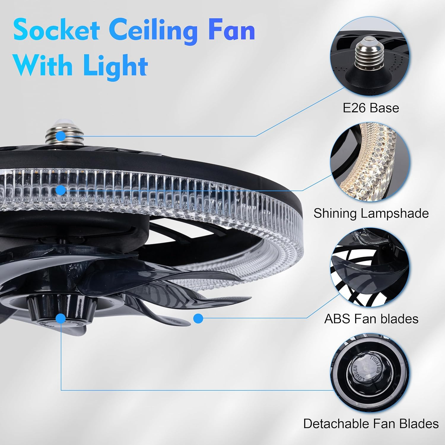 Socket Ceiling Fan Light,Bulb Socket Fan with Remote,Dimmable E26 Base Ceiling F