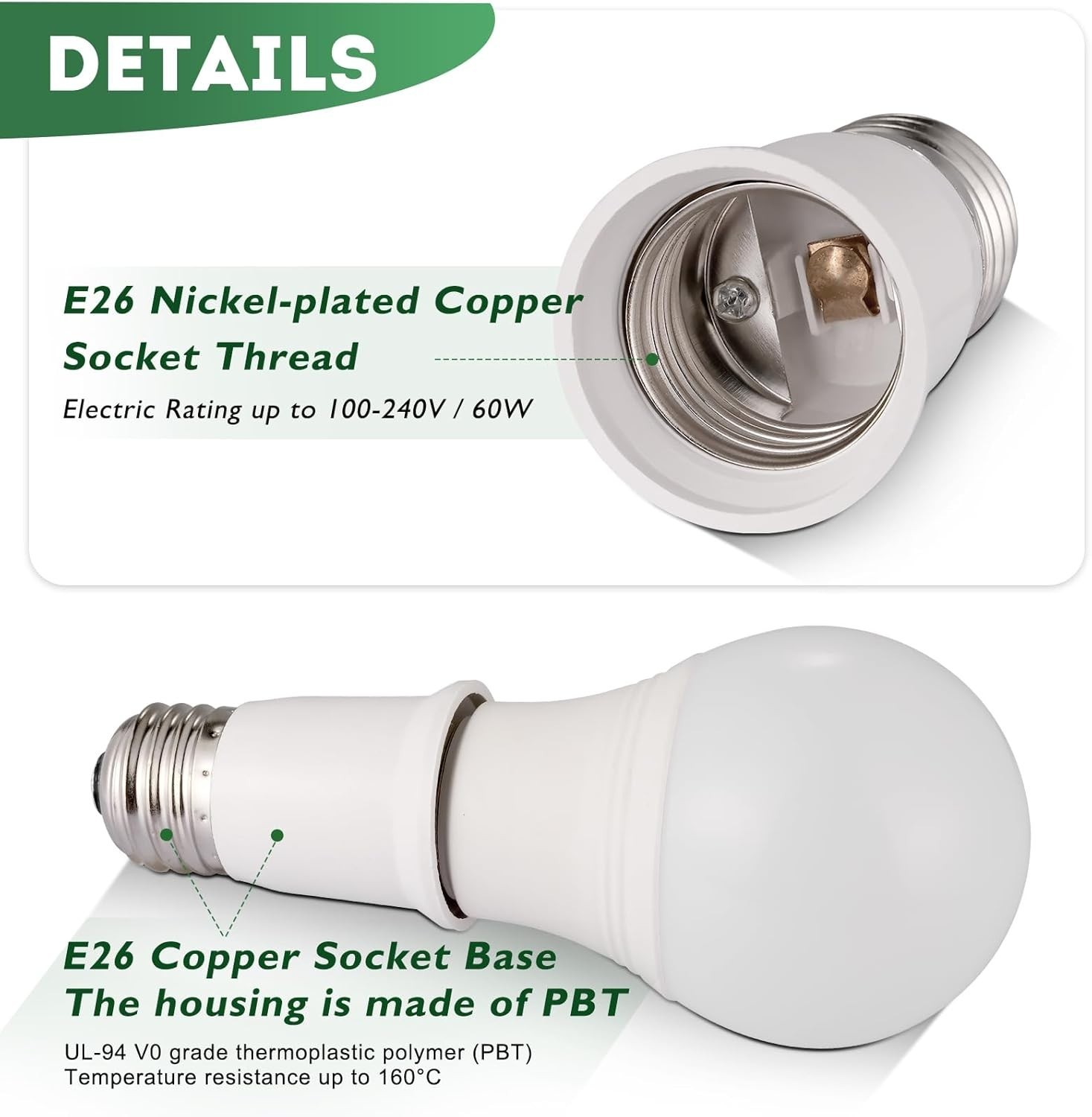 Light Socket Extender,E26 to E26 Medium Screw Bulb Socket Extension