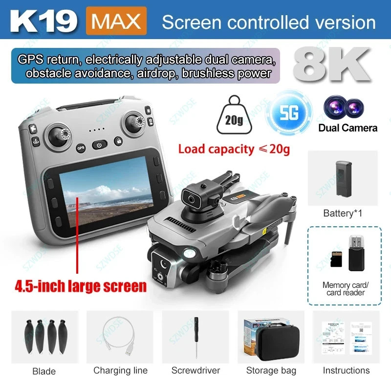 K19 Max GPS Drone with 4.5-inch Screen Controller with SD card, Unmanned Aerial